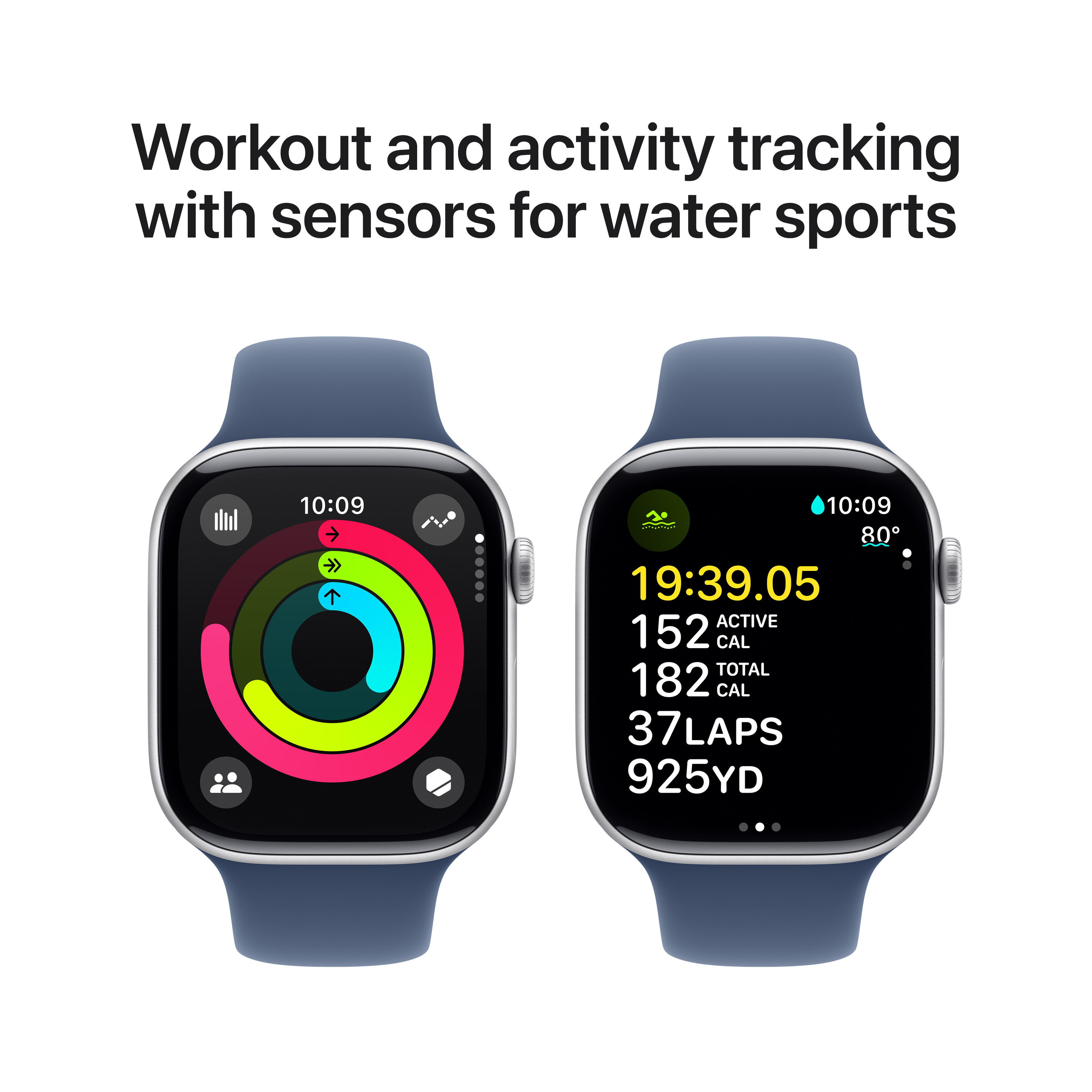 Apple Watch Series 10 (GPS) 46 mm hopea alumiinikuori ja farkunsininen urheiluranneke, S/M (MWWL3)