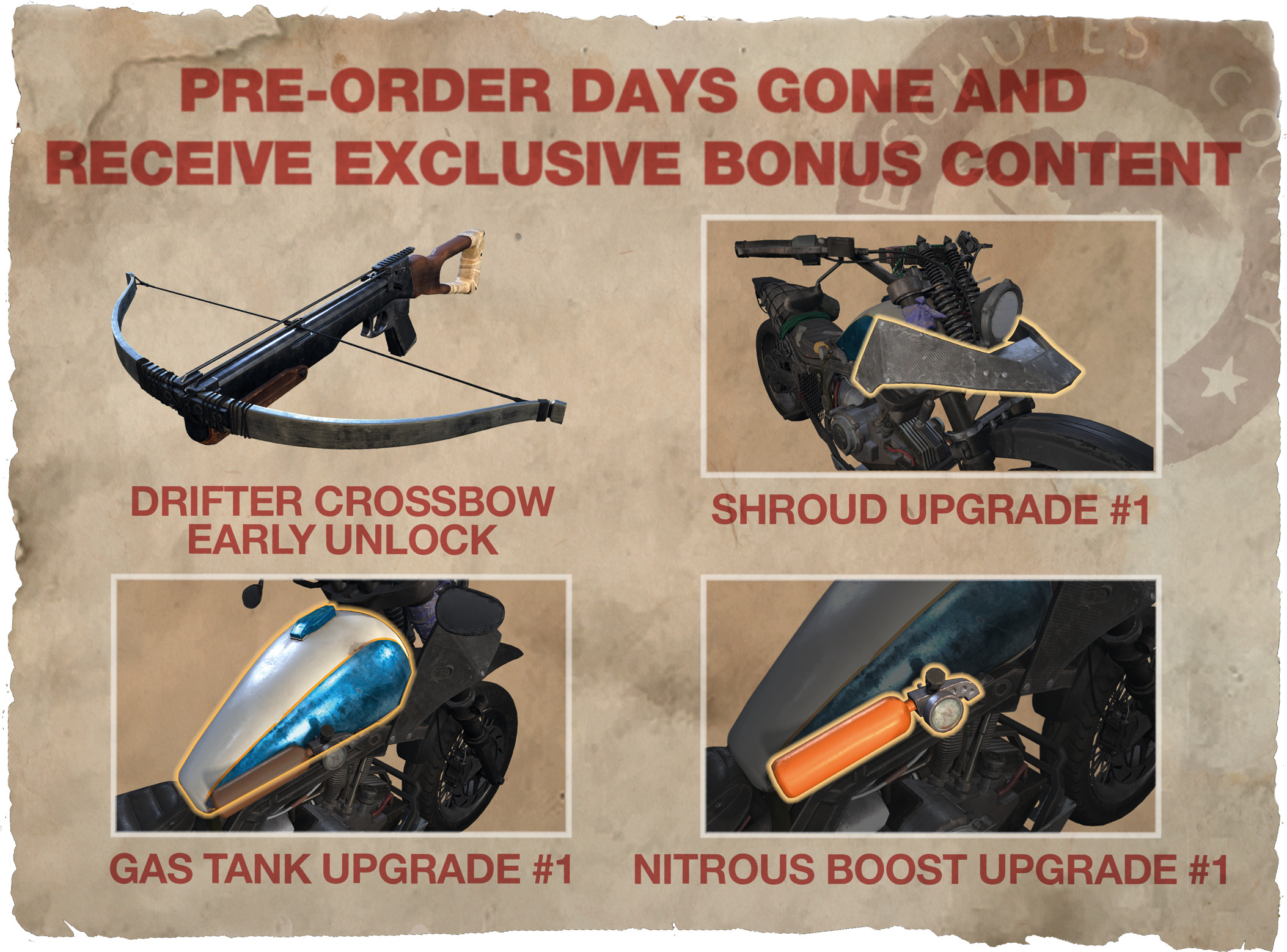 Bonus order. Days gone pre order Bonus. Days gone upgrade.