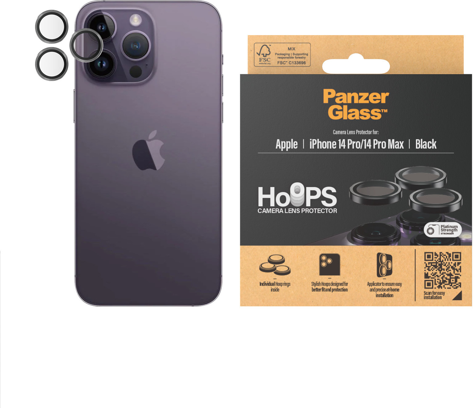 PanzerGlass Hoops -kameran linssinsuoja, iPhone 14 Pro / 14 Pro Max, musta