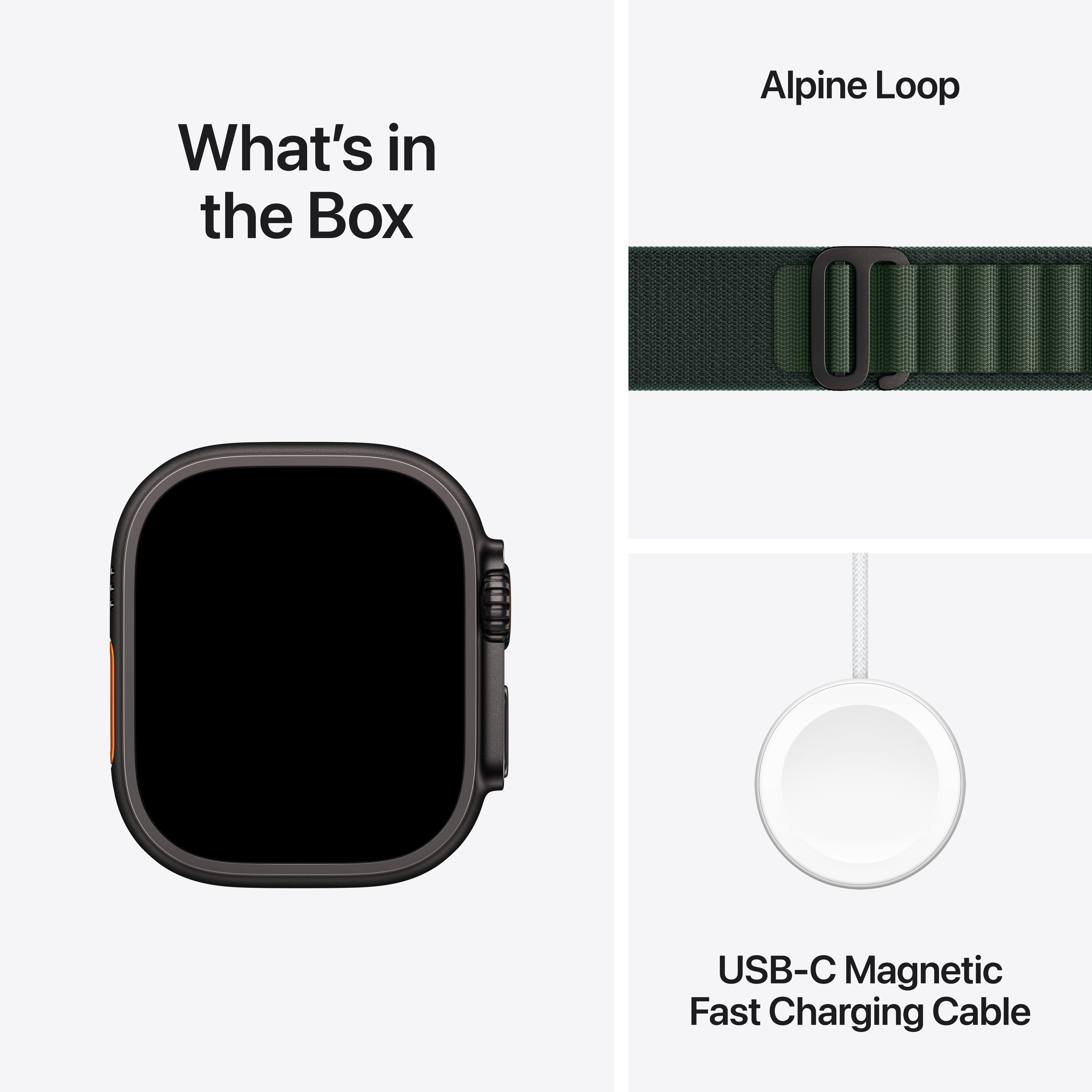 Apple Watch Ultra 2 (GPS + Cellular) 49 mm musta titaanikuori ja tummanvihreä Alpine-ranneke, keskikokoinen (MX4R3)