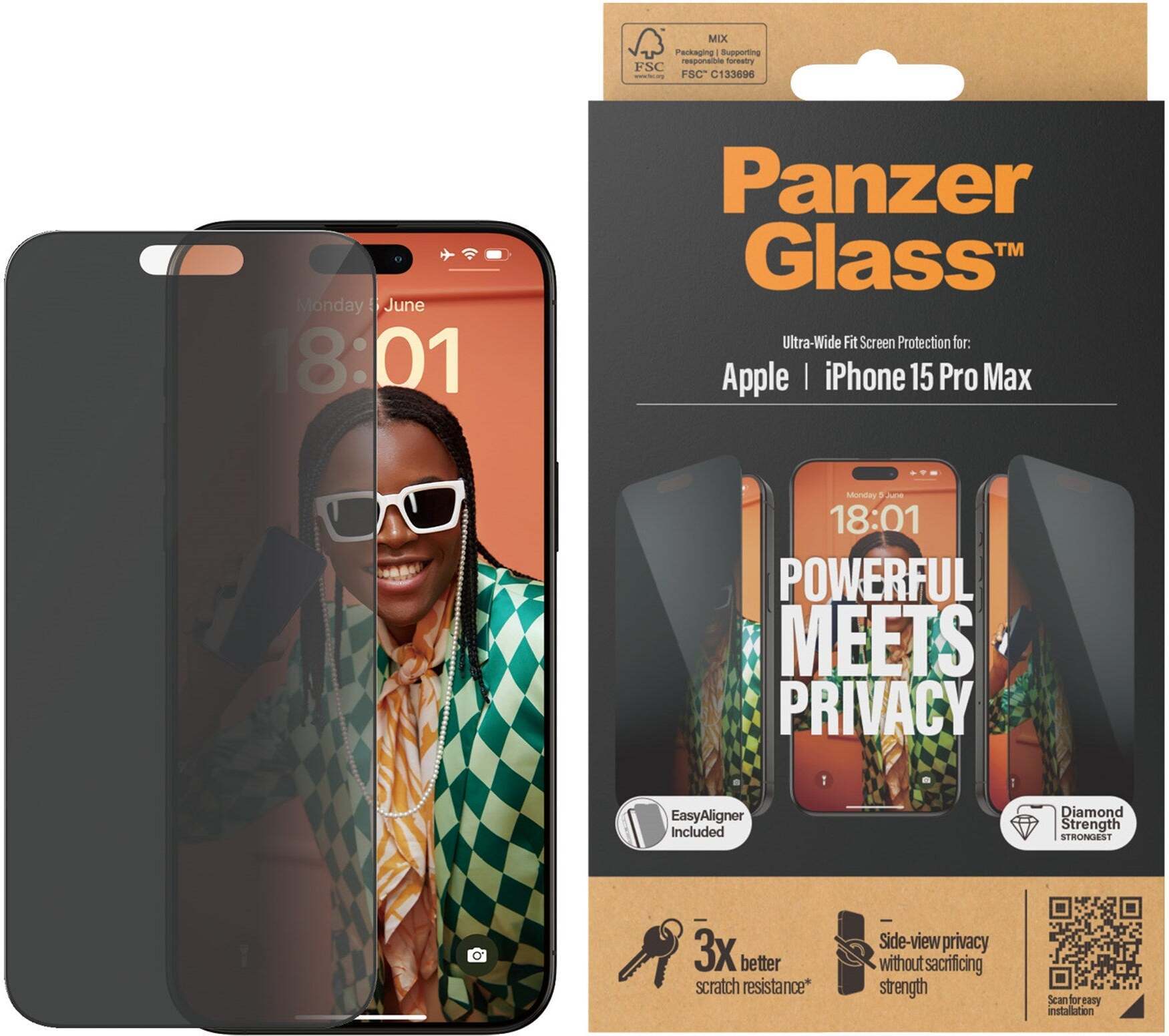 PanzerGlass Privacy Ultra Wide Fit -panssarilasi, iPhone 15 Pro Max, musta kehys