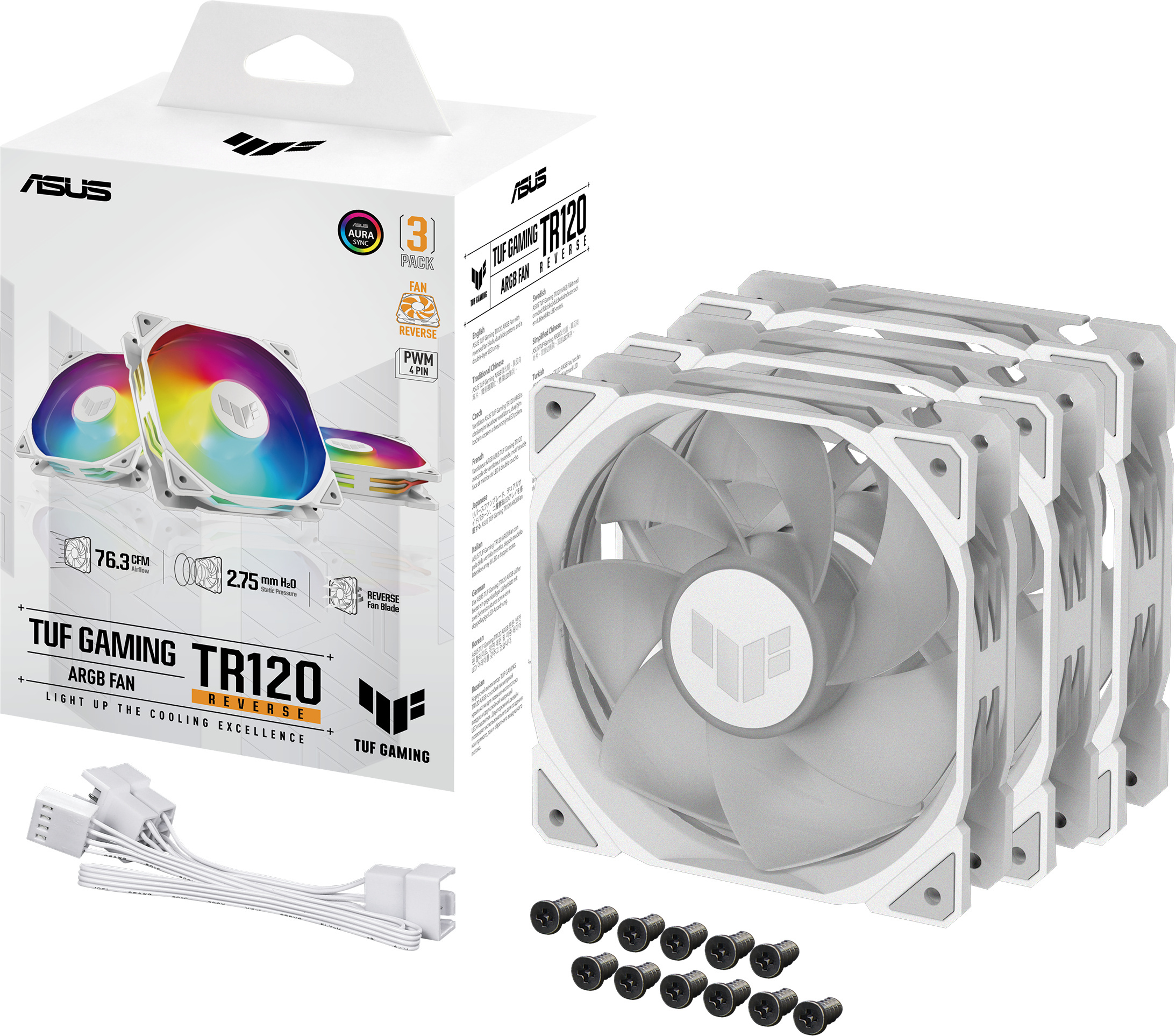 Asus TUF Gaming TR 120 ARGB Reverse PWM -tuuletin, 120 mm, valkoinen, 3-pack