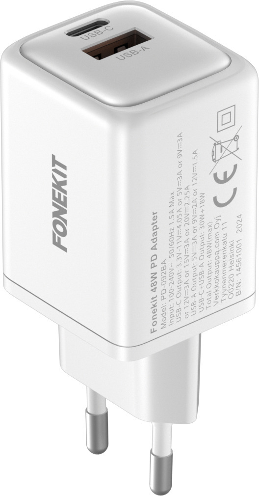 FoneKit GaN PD 48W -verkkovirtalaturi, USB-C + USB-A, musta