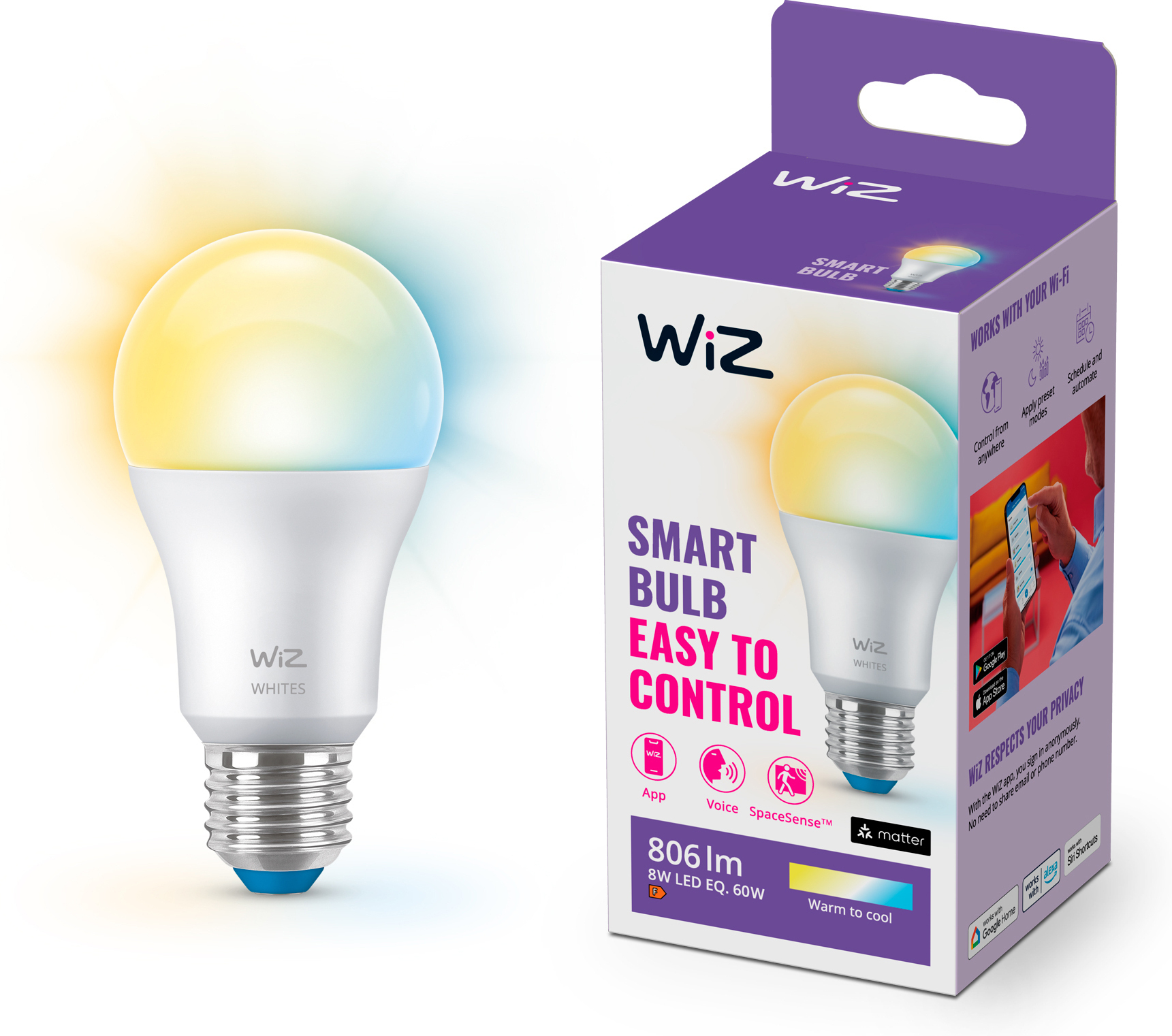 WiZ älylamppu, E27, valkoisen valon sävyt, Wi-Fi, 2700-6500 K, 806 lm