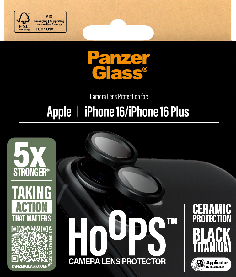 PanzerGlass Hoops -keraaminen kameran linssinsuoja, iPhone 16 / 16 Plus, musta titaani
