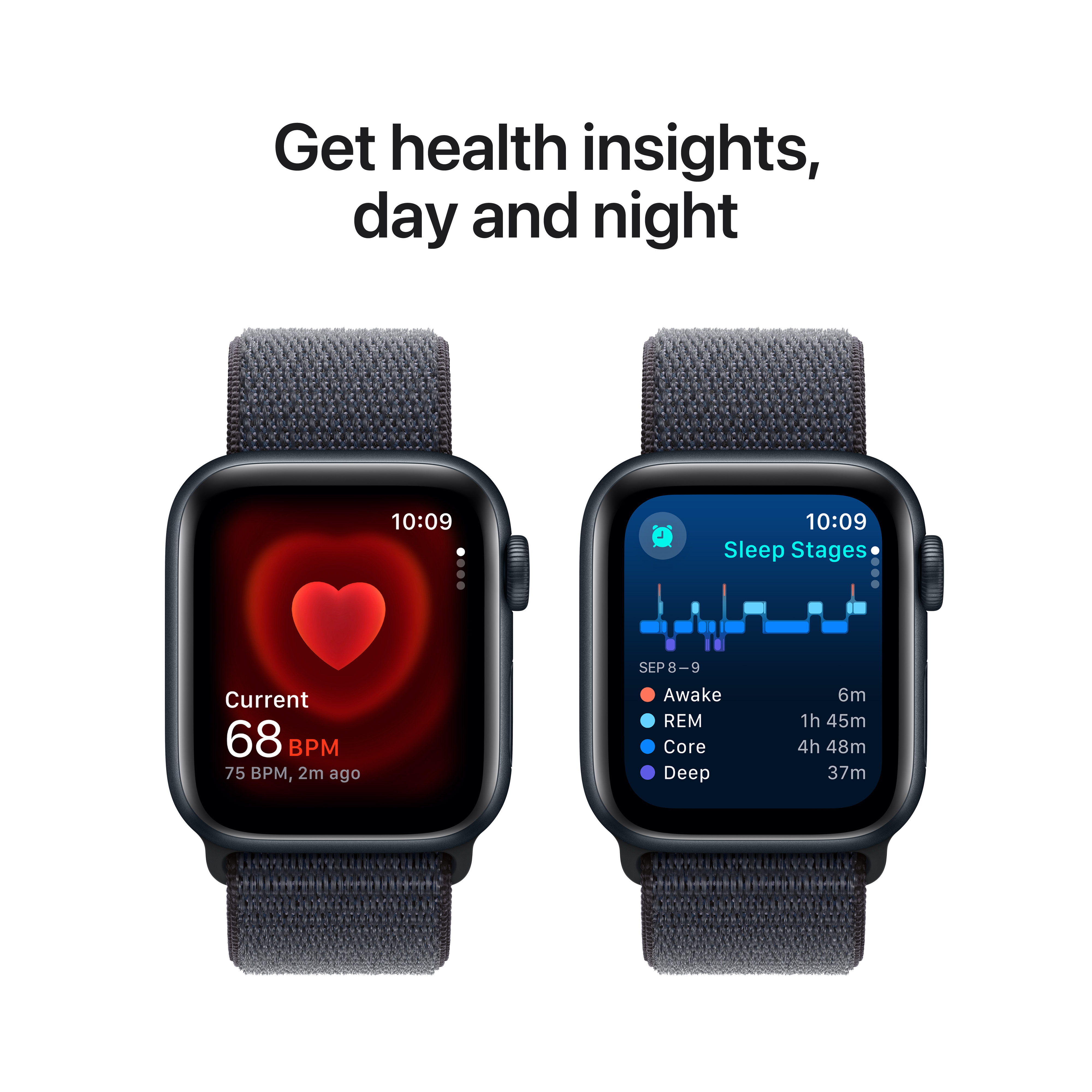 Apple Watch SE (GPS) 40 mm keskiyö alumiinikuori ja musteenvärinen Sport Loop -ranneke (MXEA3)