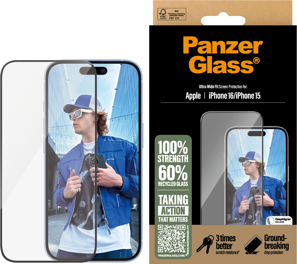 PanzerGlass Ultra-wide Fit with Aligner -panssarilasi, iPhone 16 / 15