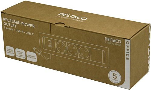 DELTACO upotettava virtapaneeli, 3 pistoras., 1x21W A+C USB-laturi, GST18, ketjutus