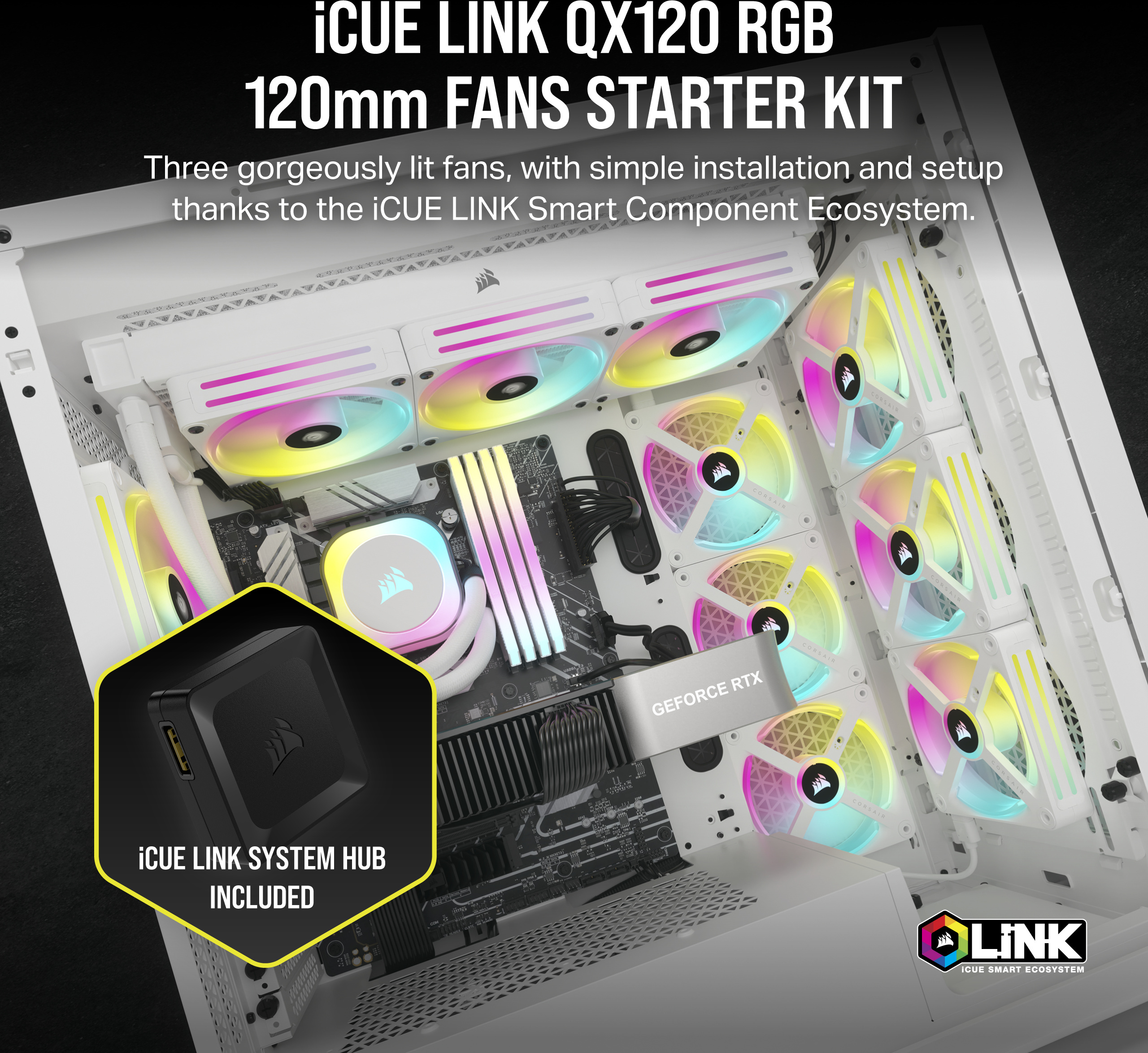 Corsair iCUE LINK QX120 RGB PWM -tuuletin, 120 mm, valkoinen, 3 kpl Starter Kit