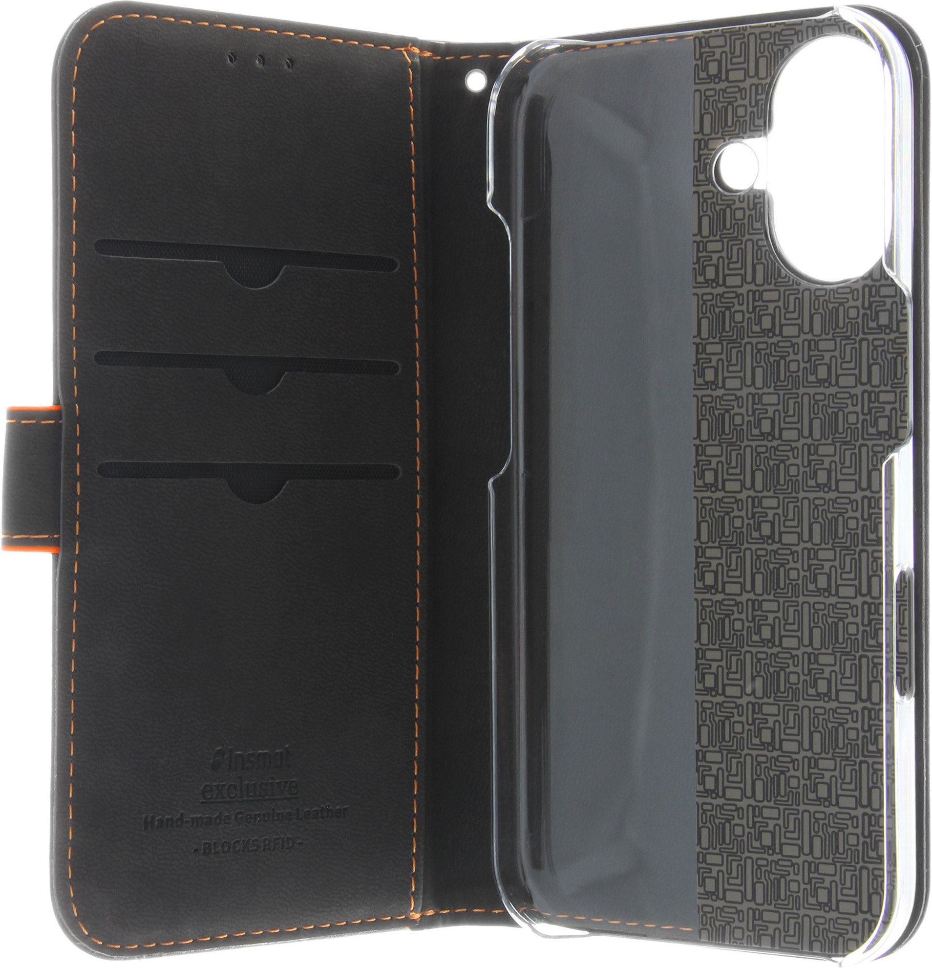 Insmat Exclusive Flip Case -lompakkokotelo, Apple iPhone 16, musta / oranssi