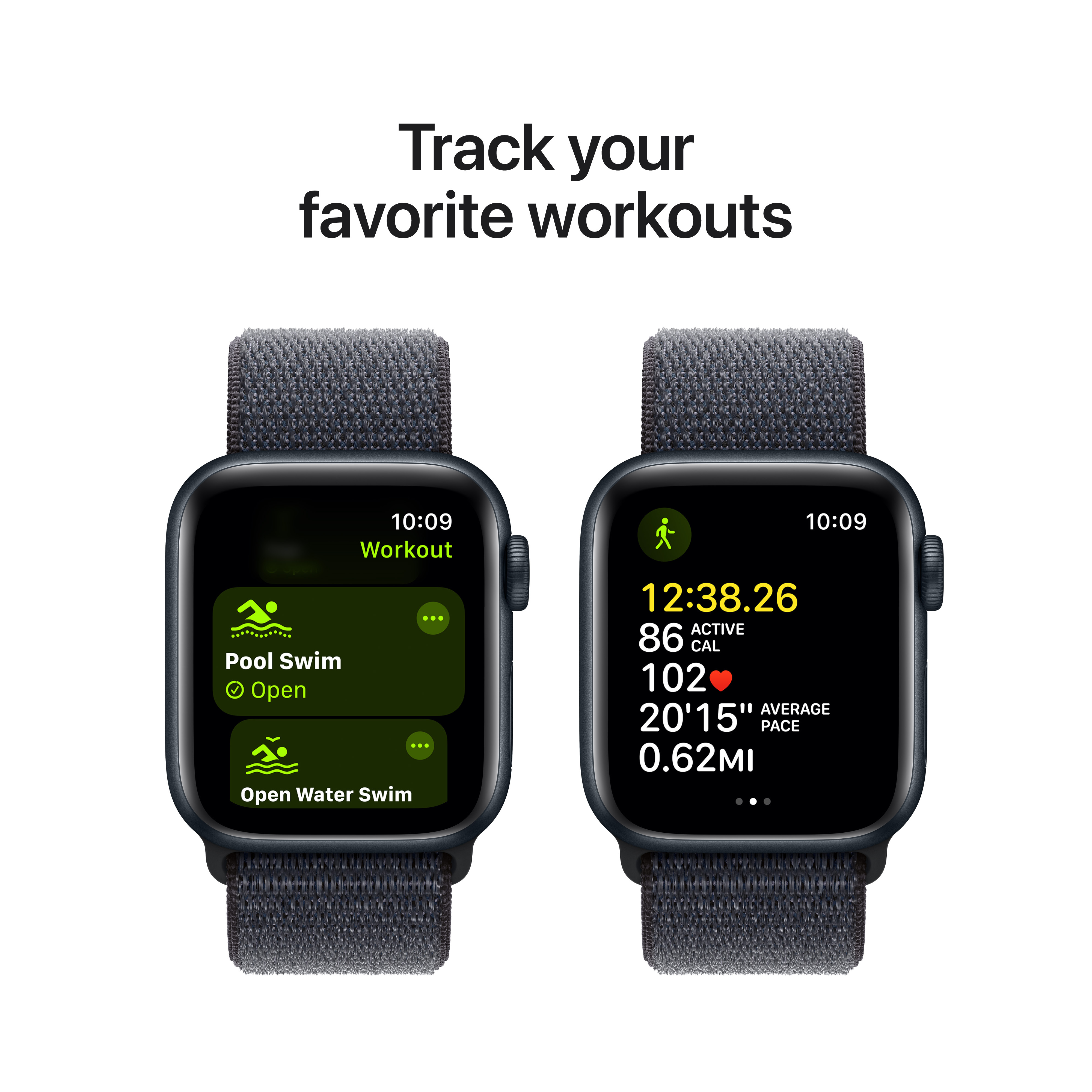 Apple Watch SE (GPS) 40 mm keskiyö alumiinikuori ja musteenvärinen Sport Loop -ranneke (MXEA3)
