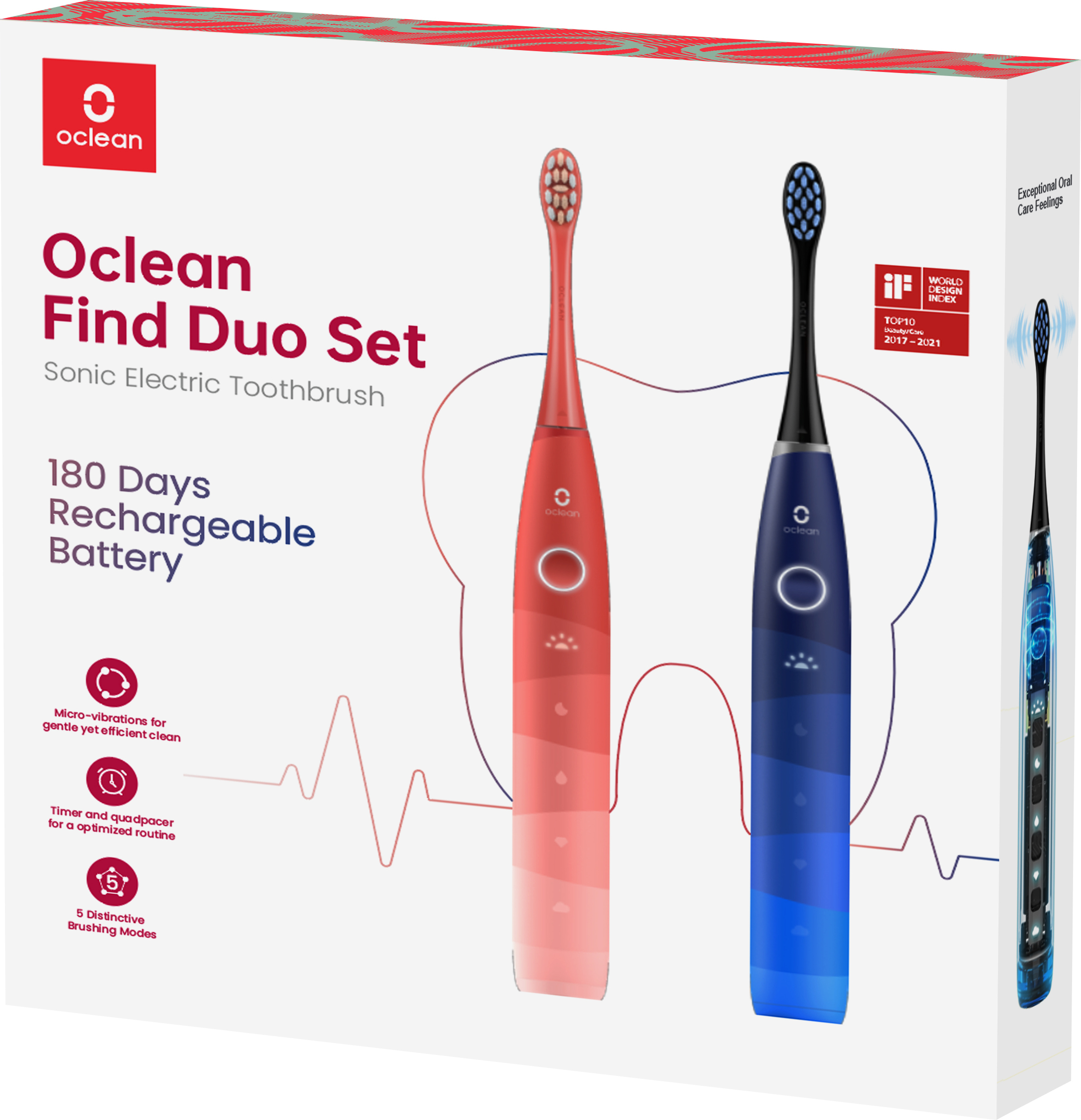 Oclean Find Duo -sähköhammasharja, tuplapakkaus, punainen/sininen