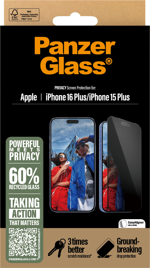 PanzerGlass Privacy Ultra Wide Fit -panssarilasi, iPhone 16 Plus / 15 Plus, musta kehys