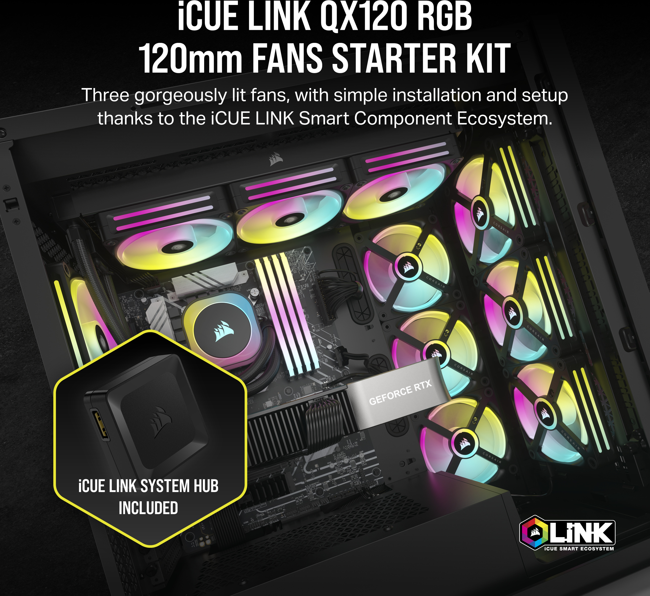 Corsair iCUE LINK QX120 RGB PWM -tuuletin, 120 mm, musta, 3 kpl Starter Kit