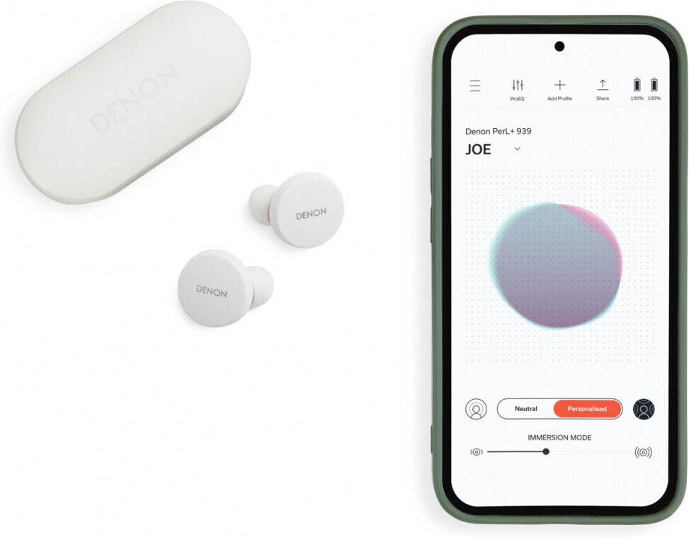Denon PerL True Wireless nappikuulokkeet aktiivisella melunvaimennuksella, valkoinen