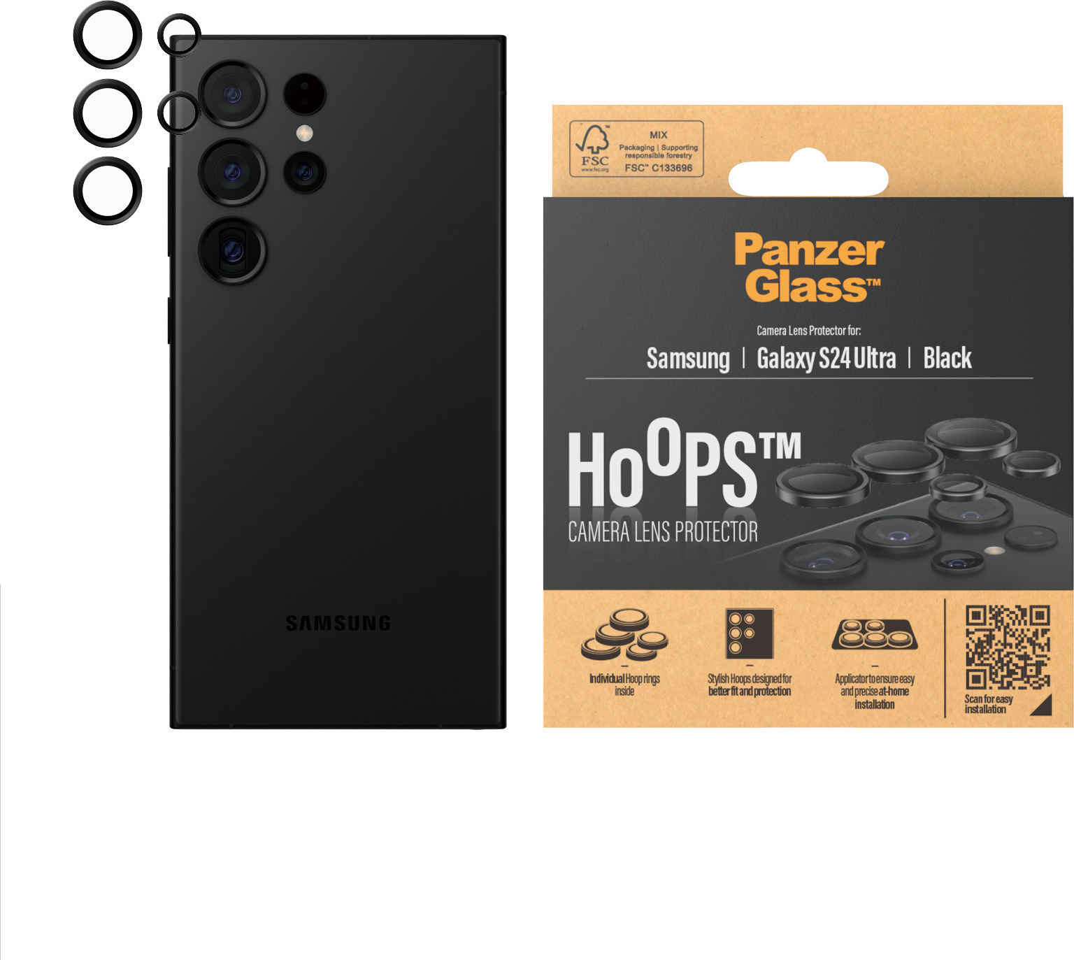 PanzerGlass Hoops -kameran linssinsuoja, Samsung Galaxy S24 Ultra, musta