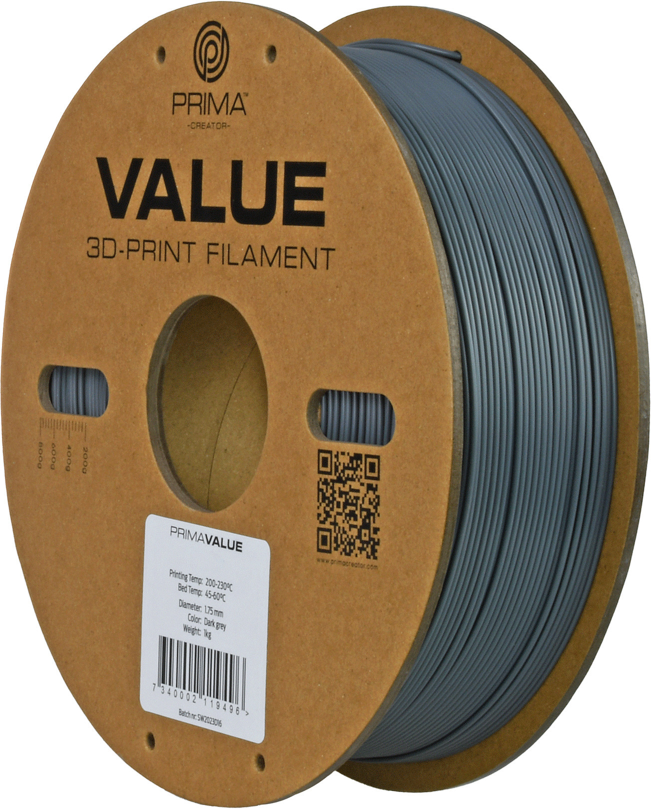PrimaValue ABS -filamentti 3D -tulostimeen, 1.75 mm, tummanharmaa