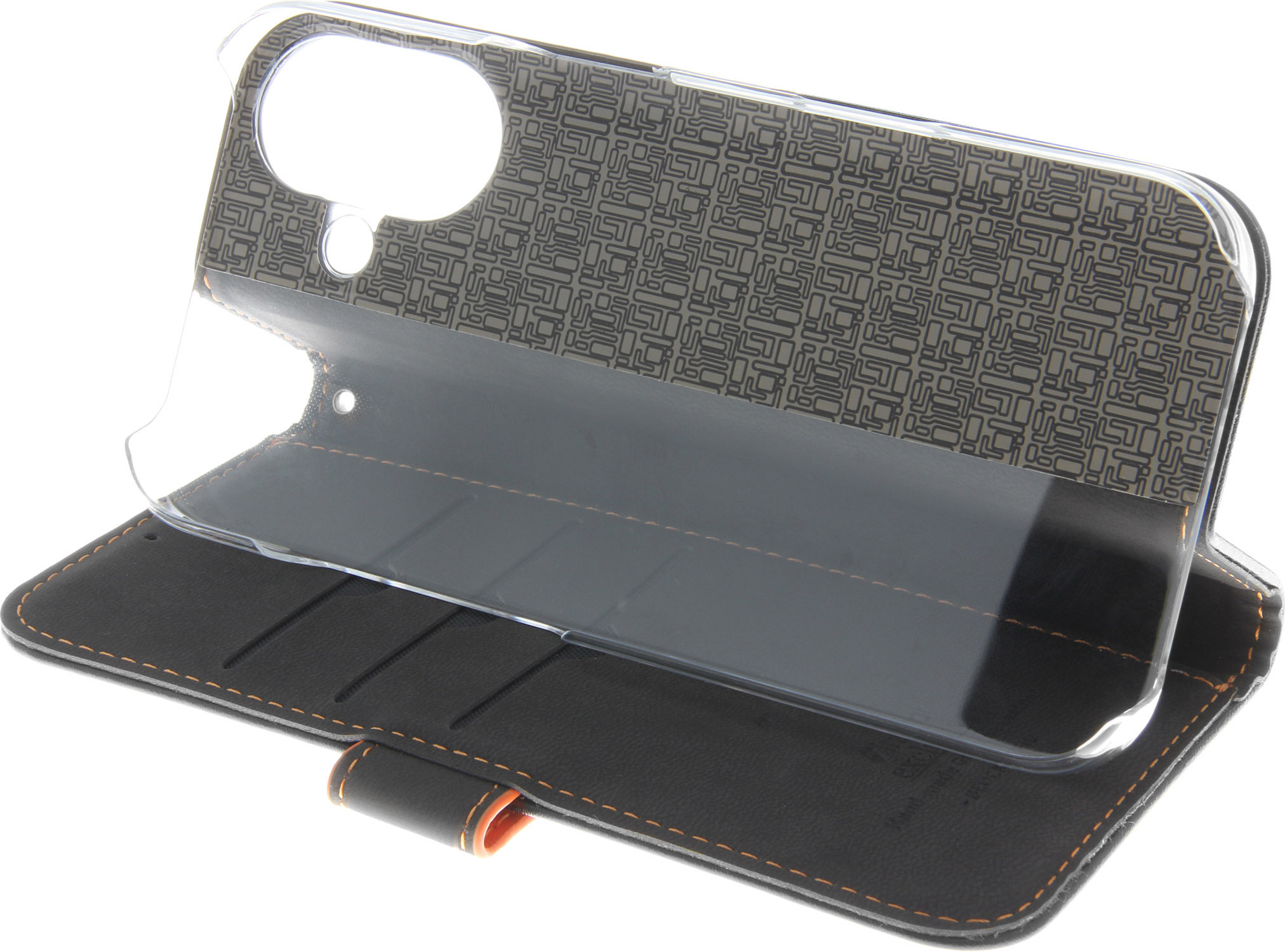 Insmat Exclusive Flip Case -lompakkokotelo, Apple iPhone 16, musta / oranssi