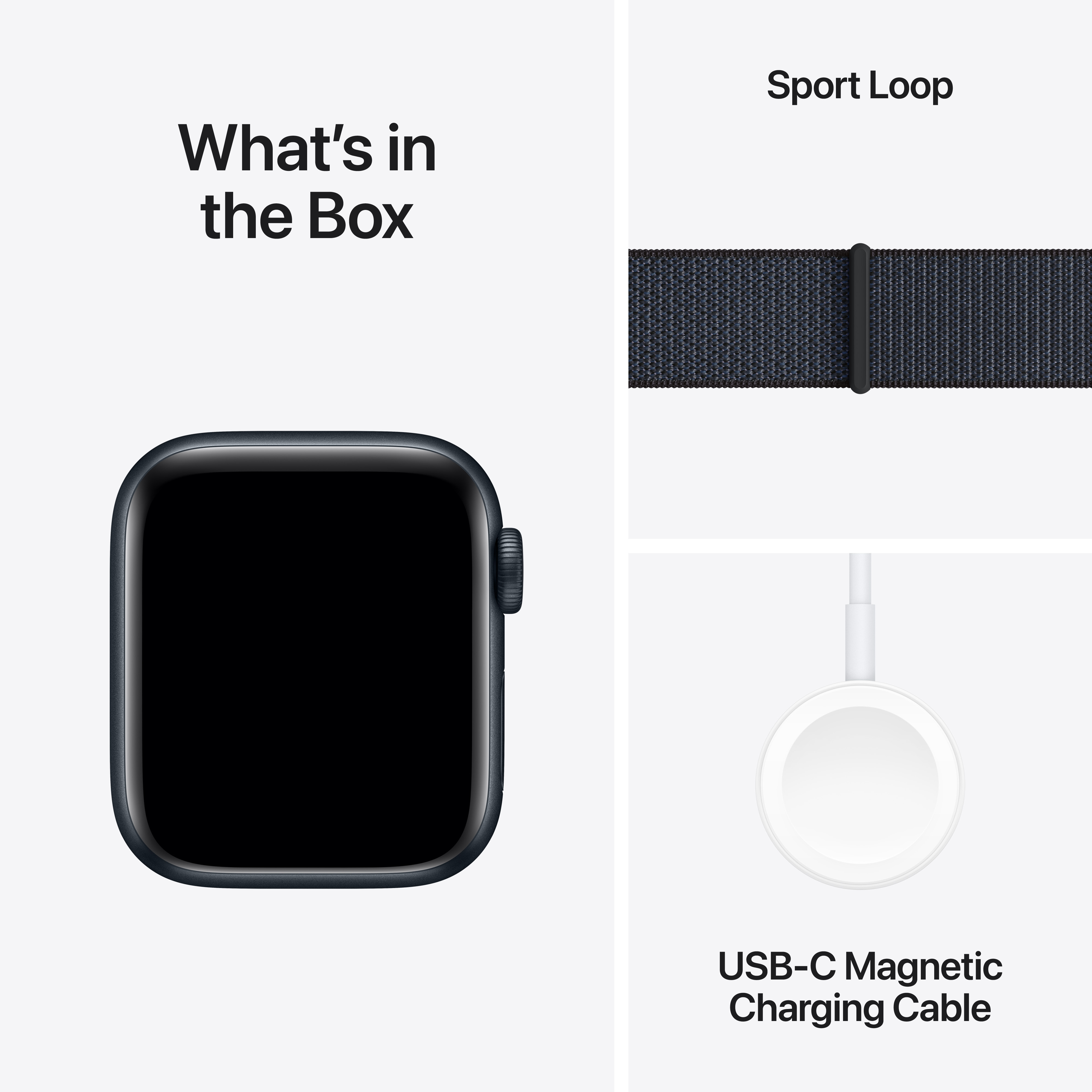 Apple Watch SE (GPS) 40 mm keskiyö alumiinikuori ja musteenvärinen Sport Loop -ranneke (MXEA3)