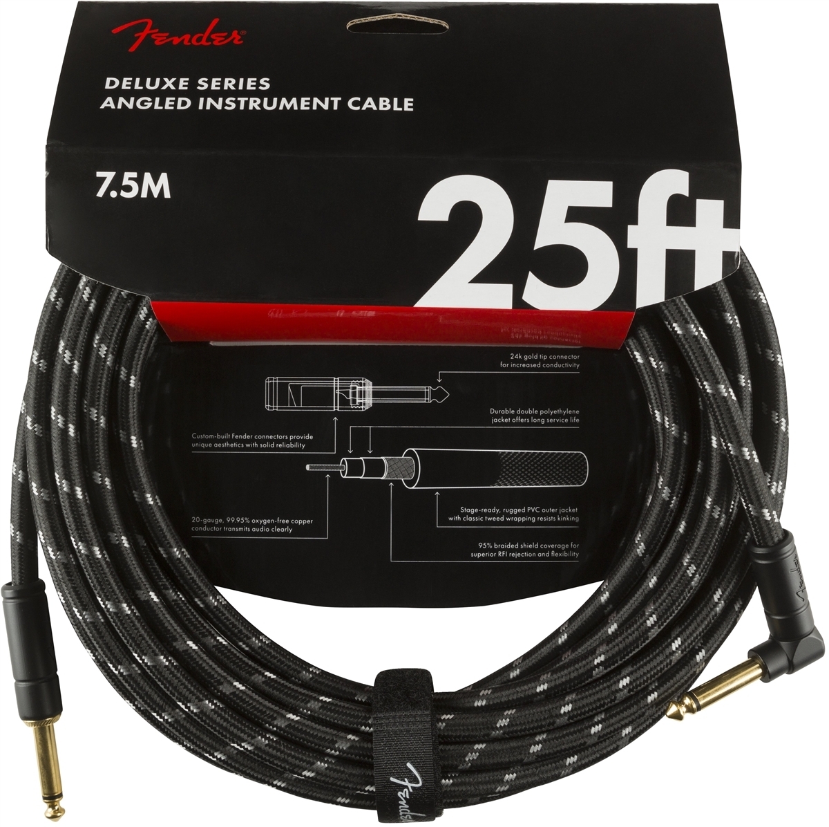 Fender Deluxe -instrumenttikaapeli kulmaliittimellä, 7,5m, Black Tweed