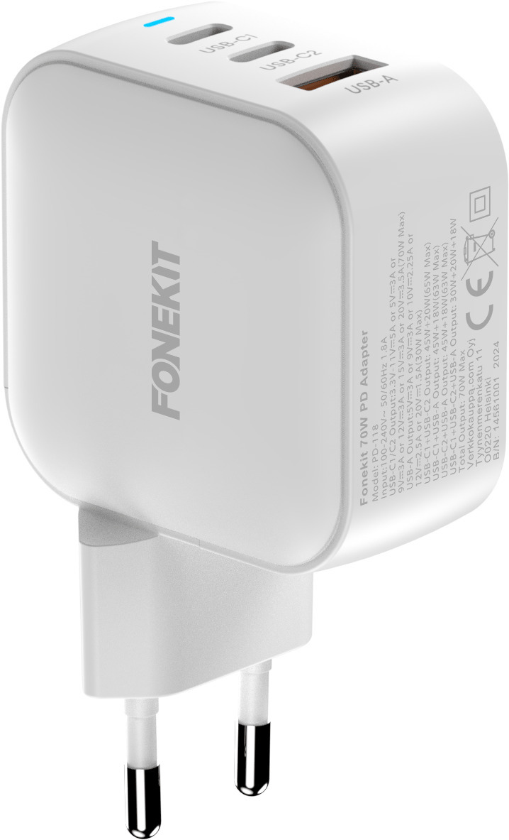 FoneKit GaN PD 70W -verkkovirtalaturi, USB-C + USB-C + USB-A, valkoinen