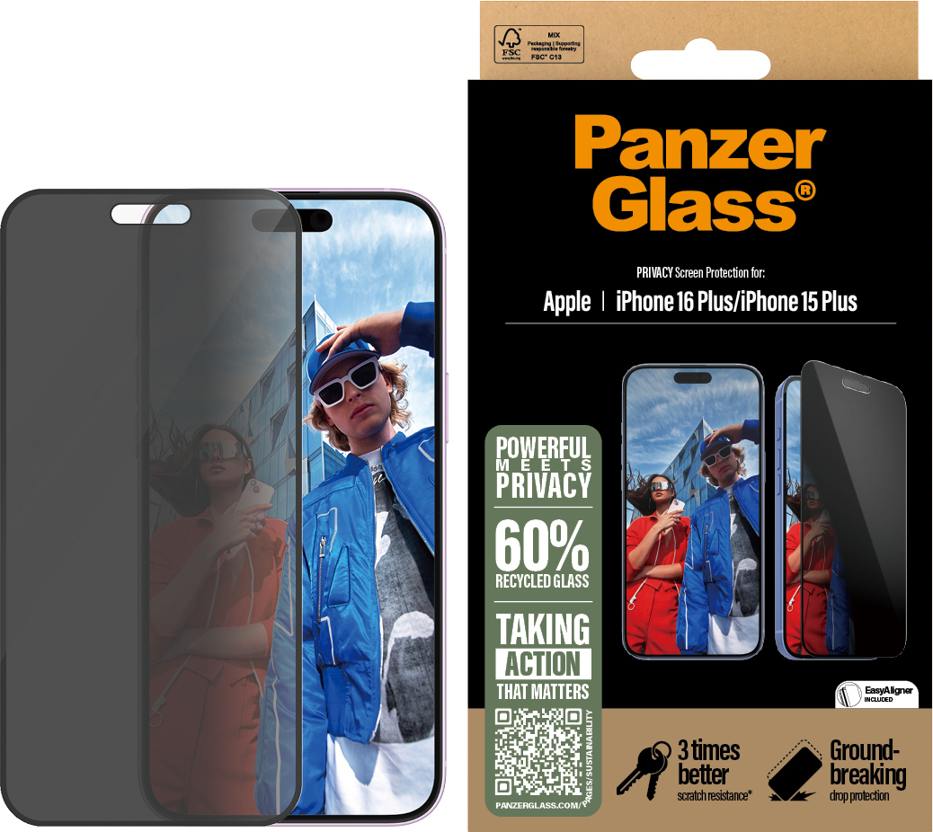 PanzerGlass Privacy Ultra Wide Fit -panssarilasi, iPhone 16 Plus / 15 Plus, musta kehys