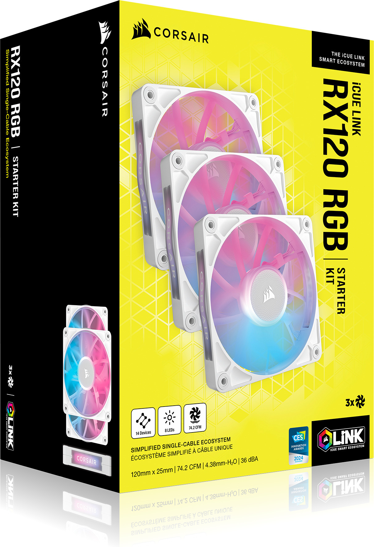 Corsair iCUE LINK RX120 RGB PWM Starter Kit -tuuletin, valkoinen, 120 mm, 3 kpl