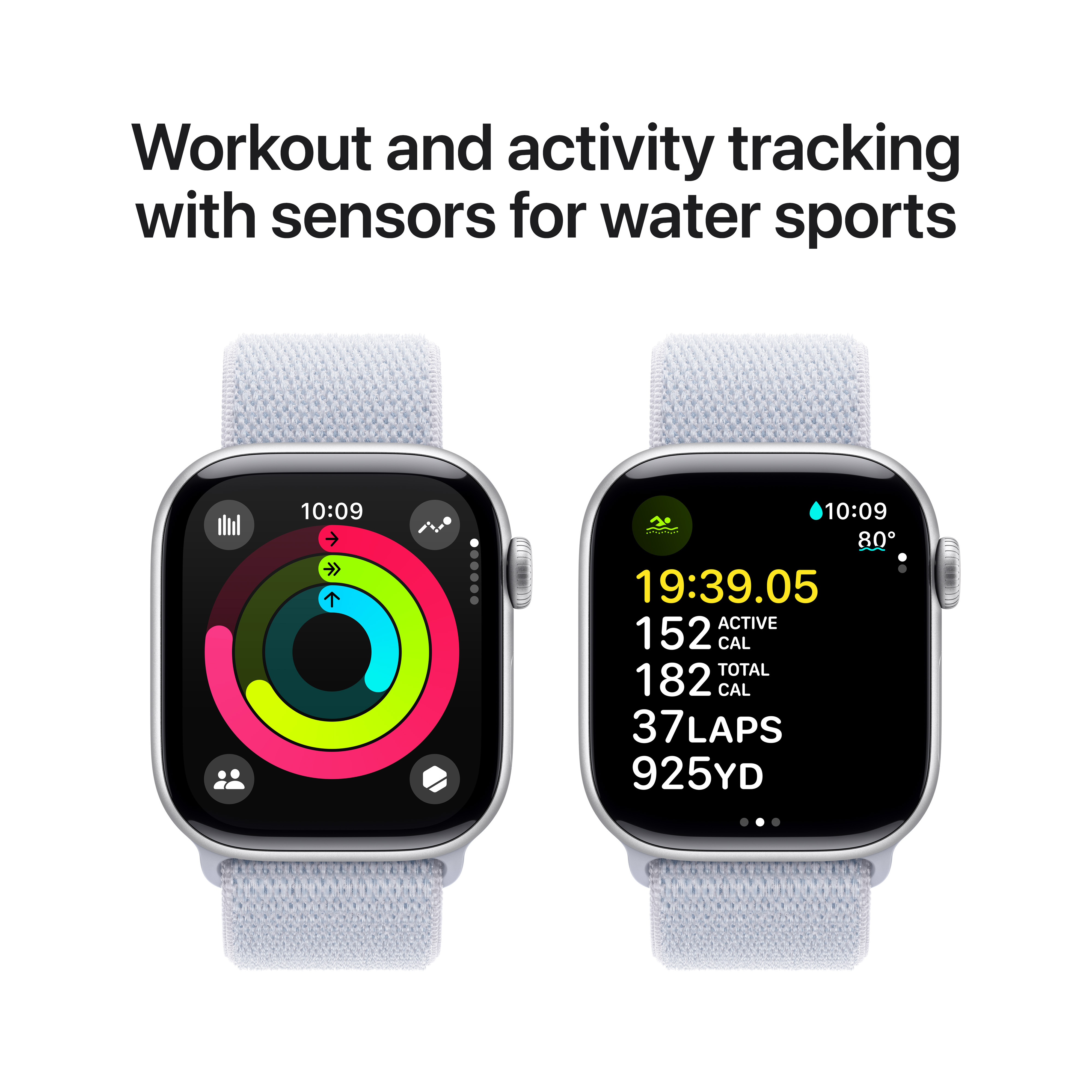 Apple Watch Series 10 (GPS) 42 mm hopea alumiinikuori ja sinertävä Sport Loop -ranneke (MWWD3)