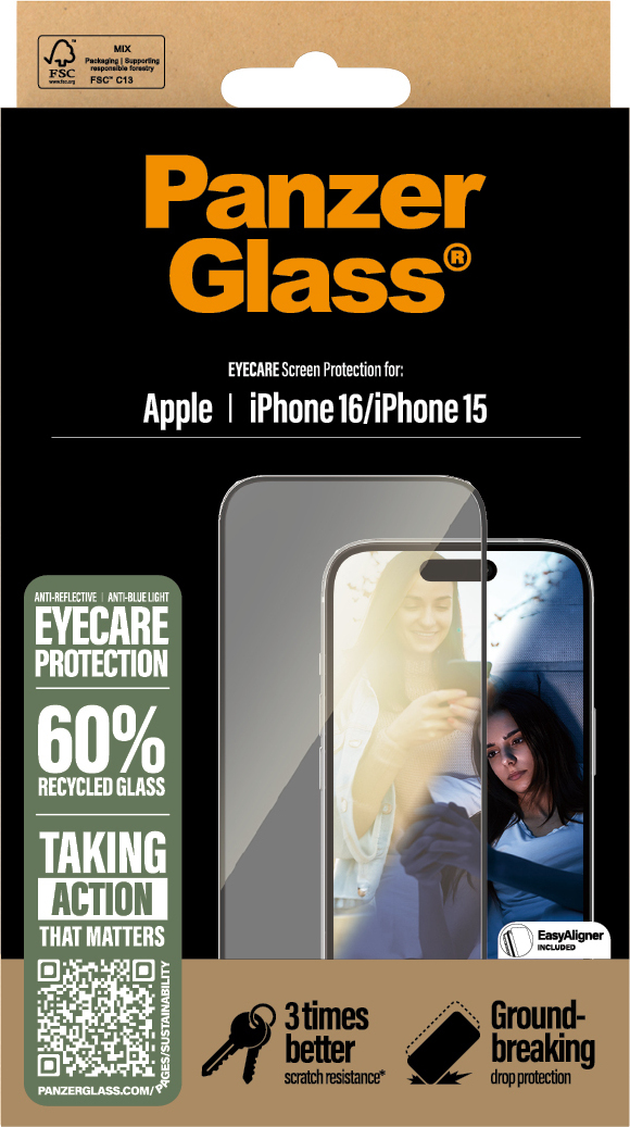 PanzerGlass EyeCare -suojakalvo, Ultra-Wide Fit, Apple iPhone 16 / 15