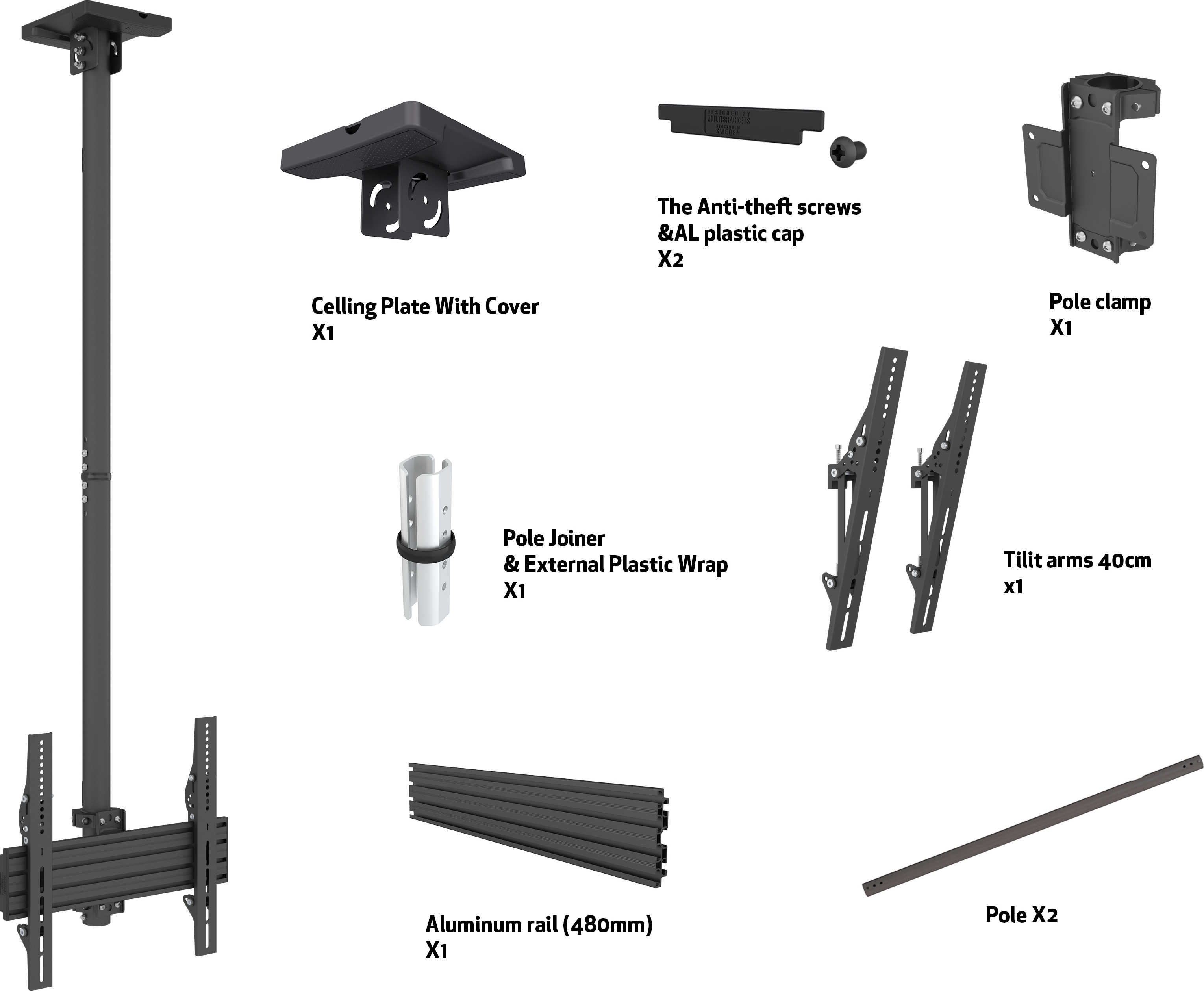 Multibrackets M Ceiling Mount Pro MBC1U VESA 400 -kattokiinnike 40-65" näytöille
