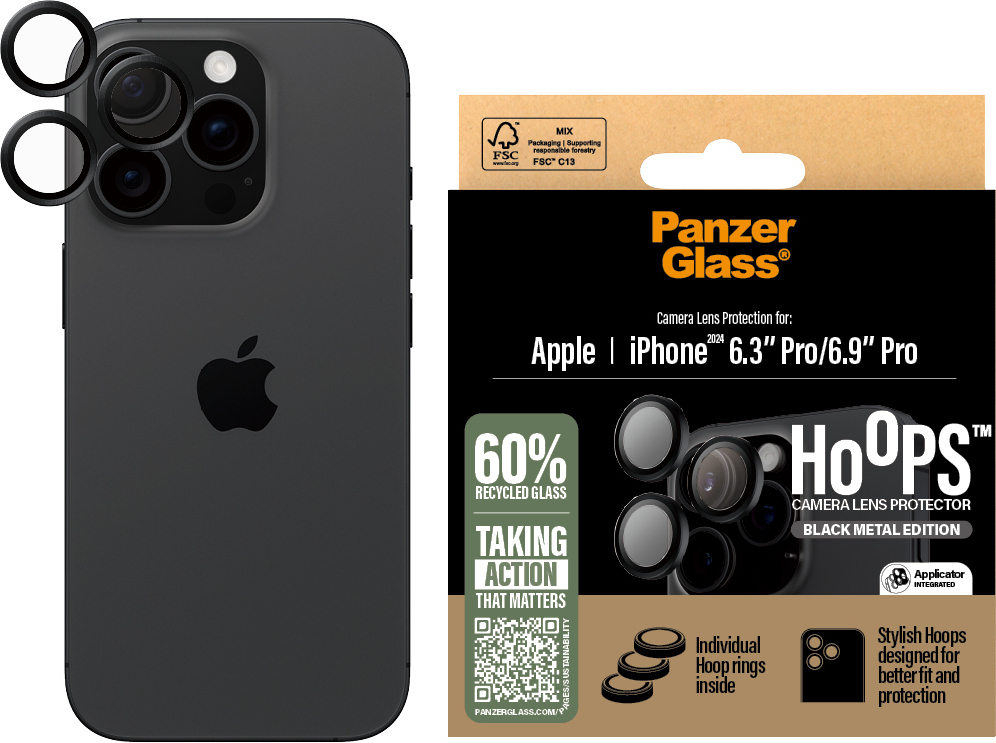 PanzerGlass Hoops -kameran linssinsuoja, iPhone 16 Pro / 16 Pro Max, musta