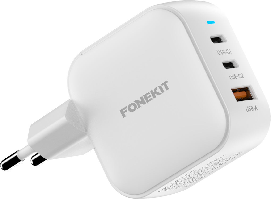 FoneKit GaN PD 70W -verkkovirtalaturi, USB-C + USB-C + USB-A, valkoinen