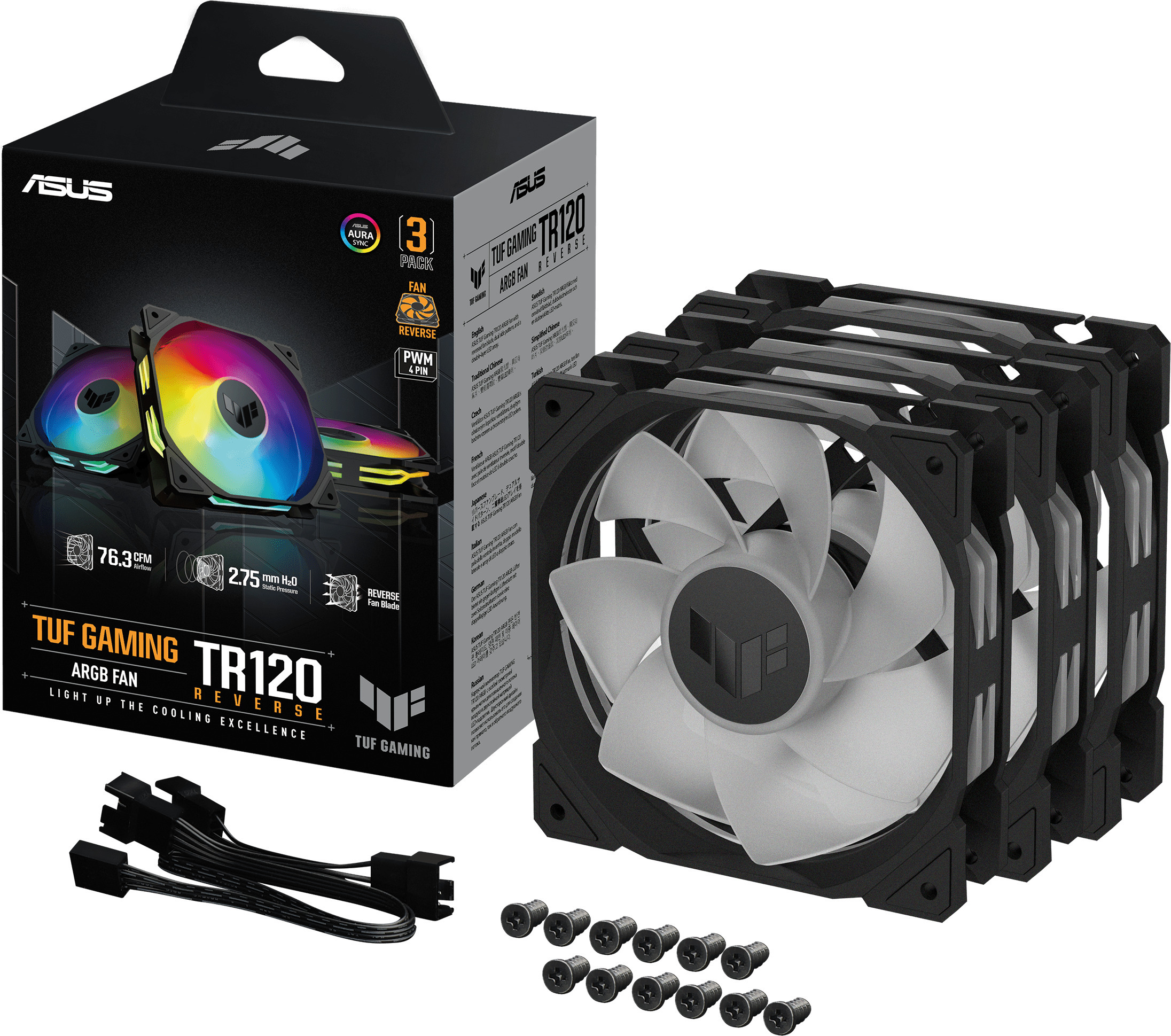 Asus TUF Gaming TR 120 ARGB Reverse PWM -tuuletin, 120 mm, musta, 3-pack