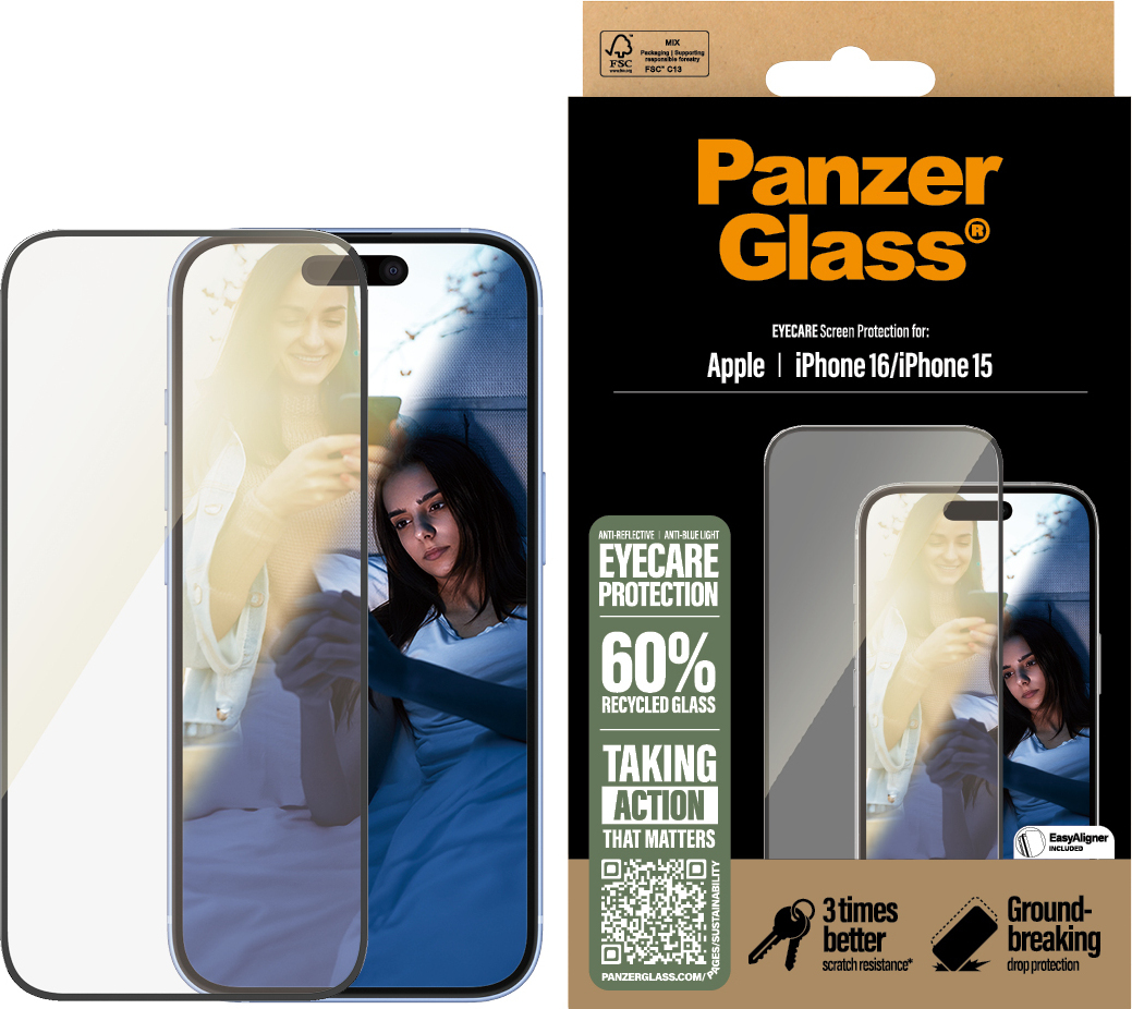 PanzerGlass EyeCare -suojakalvo, Ultra-Wide Fit, Apple iPhone 16 / 15