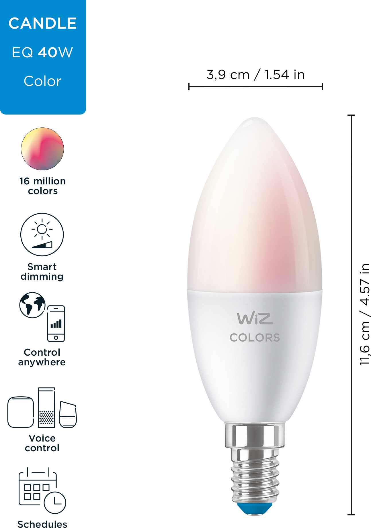 WiZ älylamppu, E14, tunable white - valkoisen valon sävyt, Wi-Fi, 2700-6500 K, 470 lm