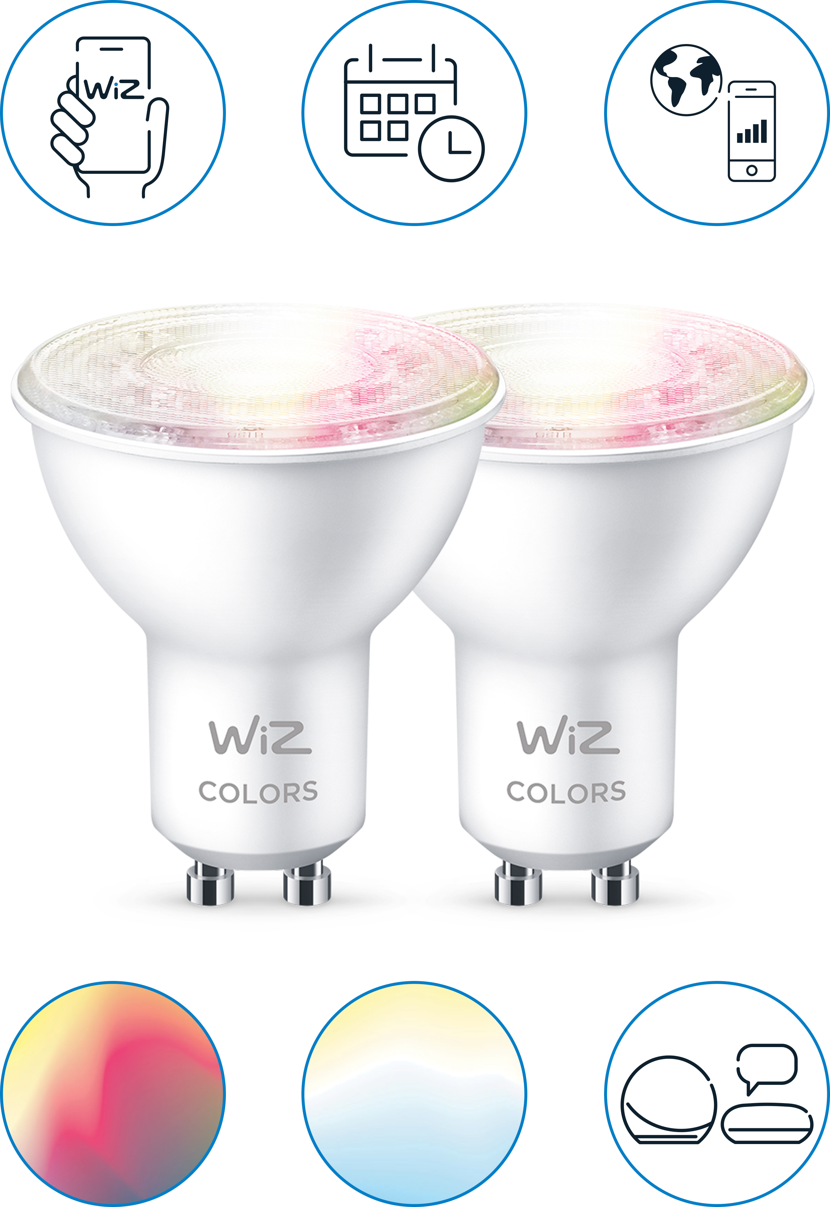 WiZ älylamppu, GU10, RGBW, kaikki värit ja valkoisen valon sävyt, Wi-Fi, 345 lm, 2-pack