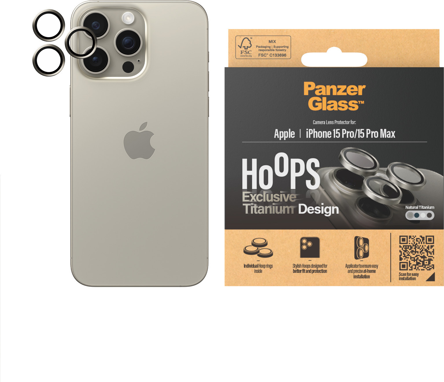 PanzerGlass Hoops -kameran linssinsuoja, iPhone 15 Pro / 15 Pro Max, titaani