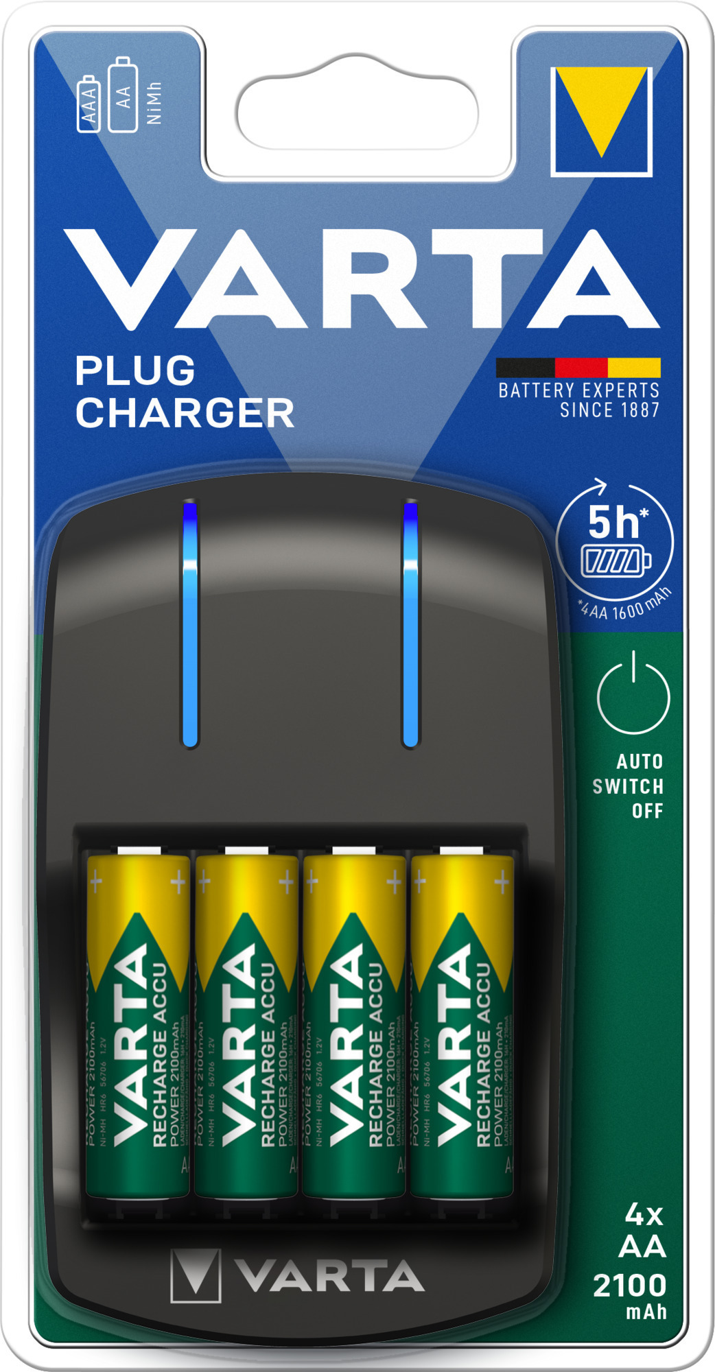 Varta Plug Charger -latauslaite ja 4 kpl AA (LR6) 2100 mAh akkuparistoja –  