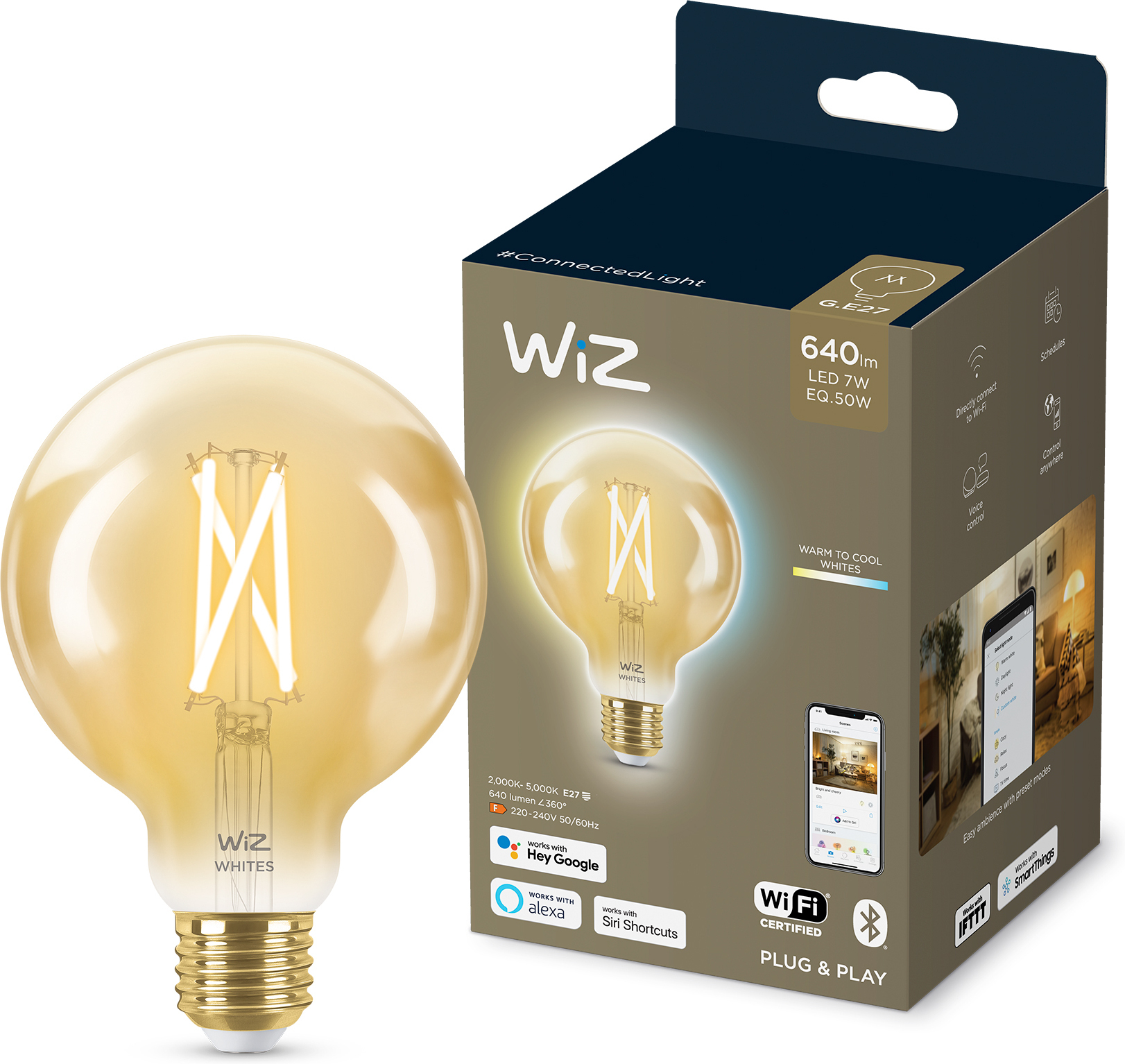 WiZ älylamppu globe, E27, meripihkan sävyinen lasi, tunable white - valkoisen valon sävyt, Wi-Fi, 2000-5000 K, 640 lm, 9 cm