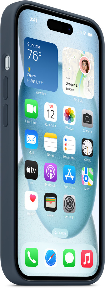 Apple iPhone 15 silikonikuori MagSafella, musta