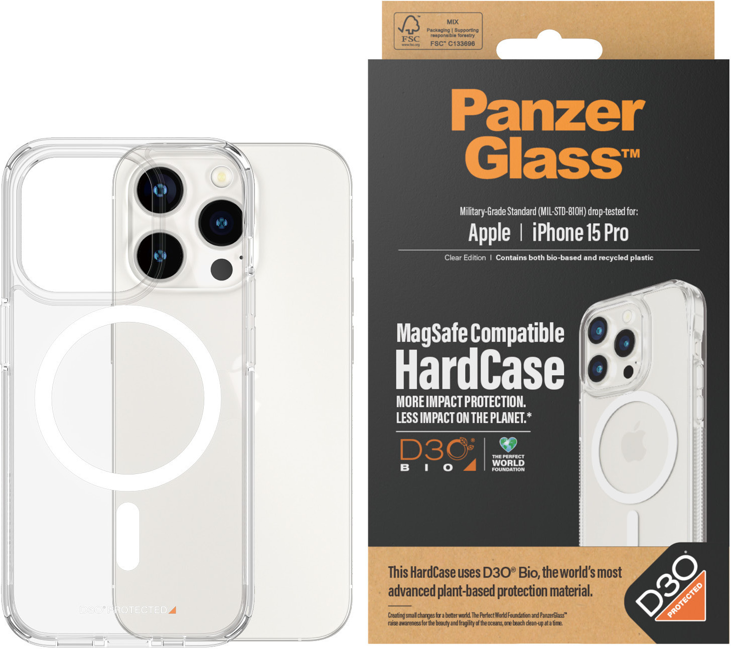 PanzerGlass HardCase with D3O -suojakotelo, MagSafe-yhteensopiva, iPhone 15, läpinäkyvä
