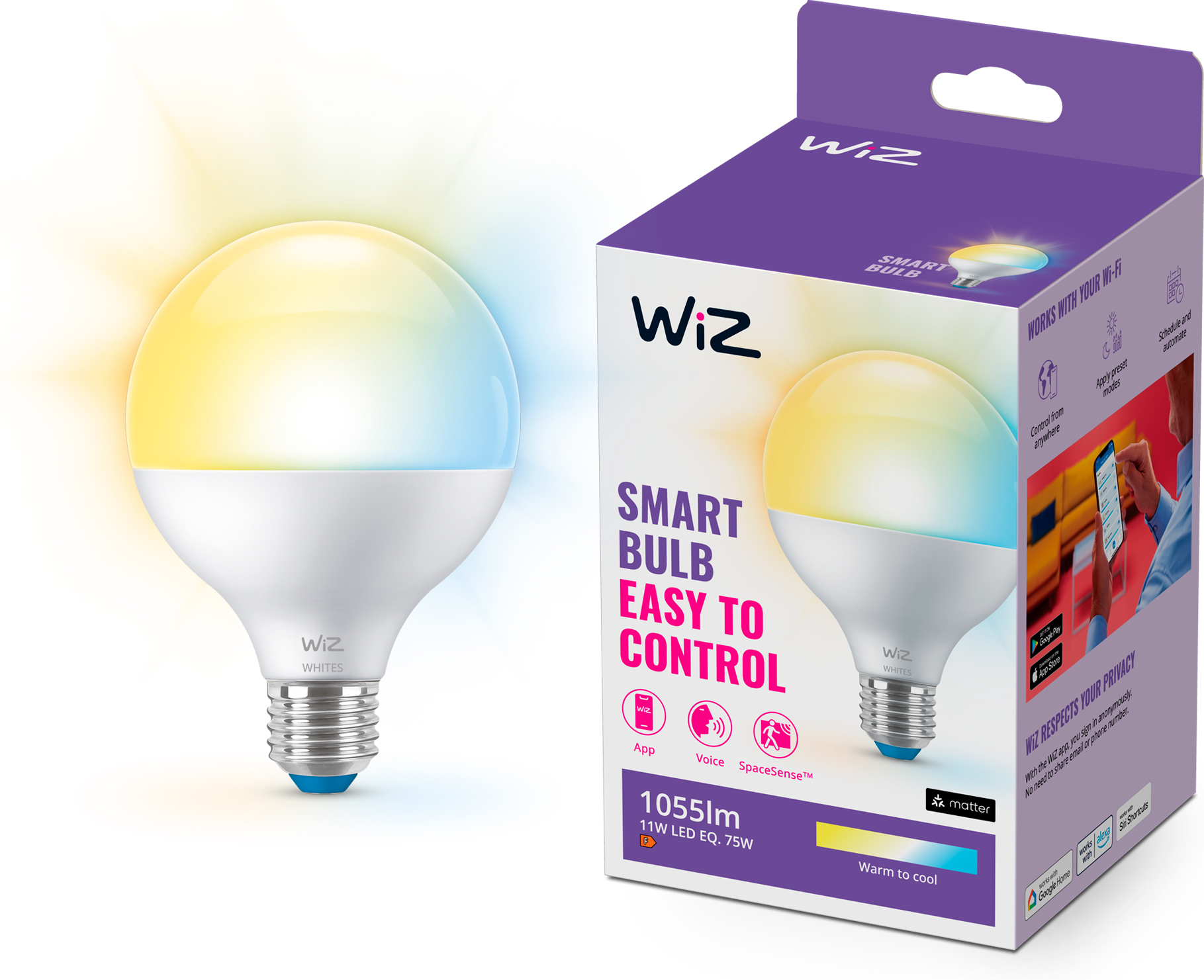 WiZ älylamppu globe, E27, pallolamppu - valkoisen valon sävyt, Wi-Fi, 2700-6500 K, 1055 lm
