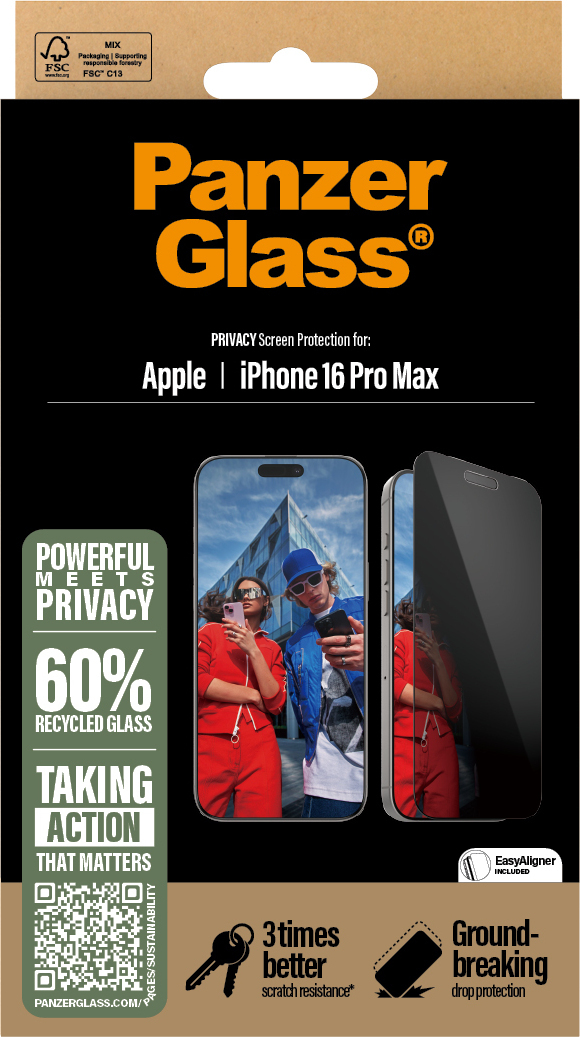 PanzerGlass Privacy Ultra Wide Fit -panssarilasi, iPhone 16 Pro Max, musta kehys