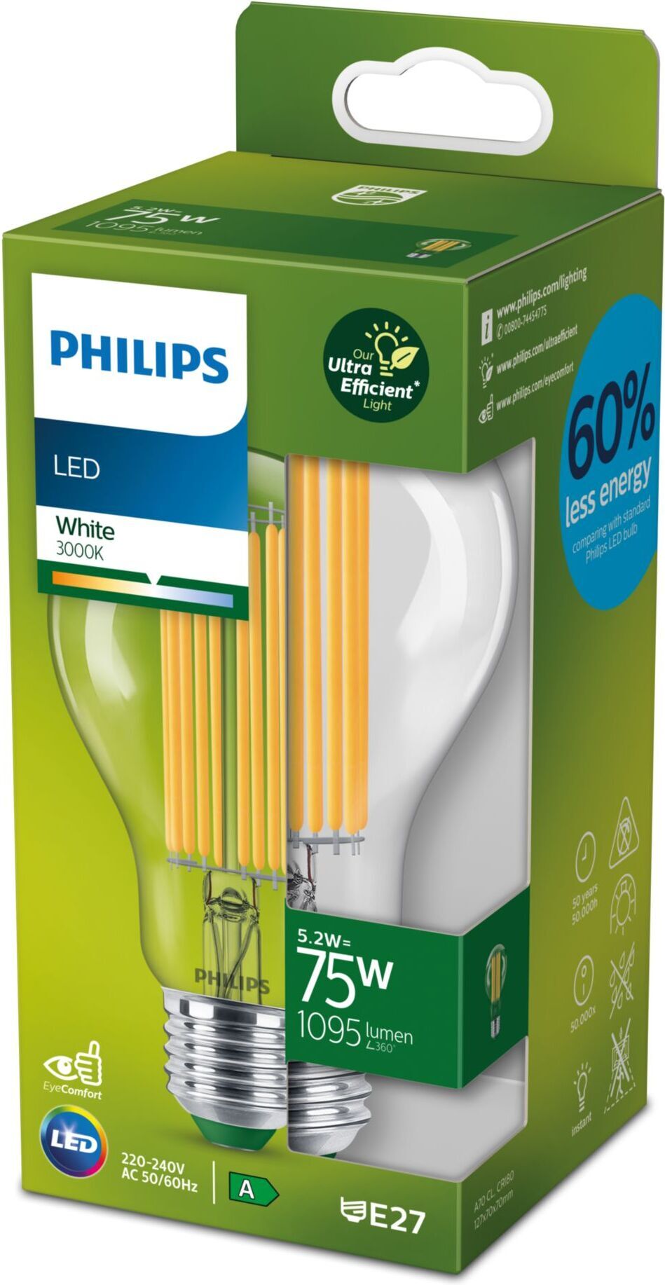 Philips LED bulb E27 A70 5.2W 1,095lm clear 3,000K