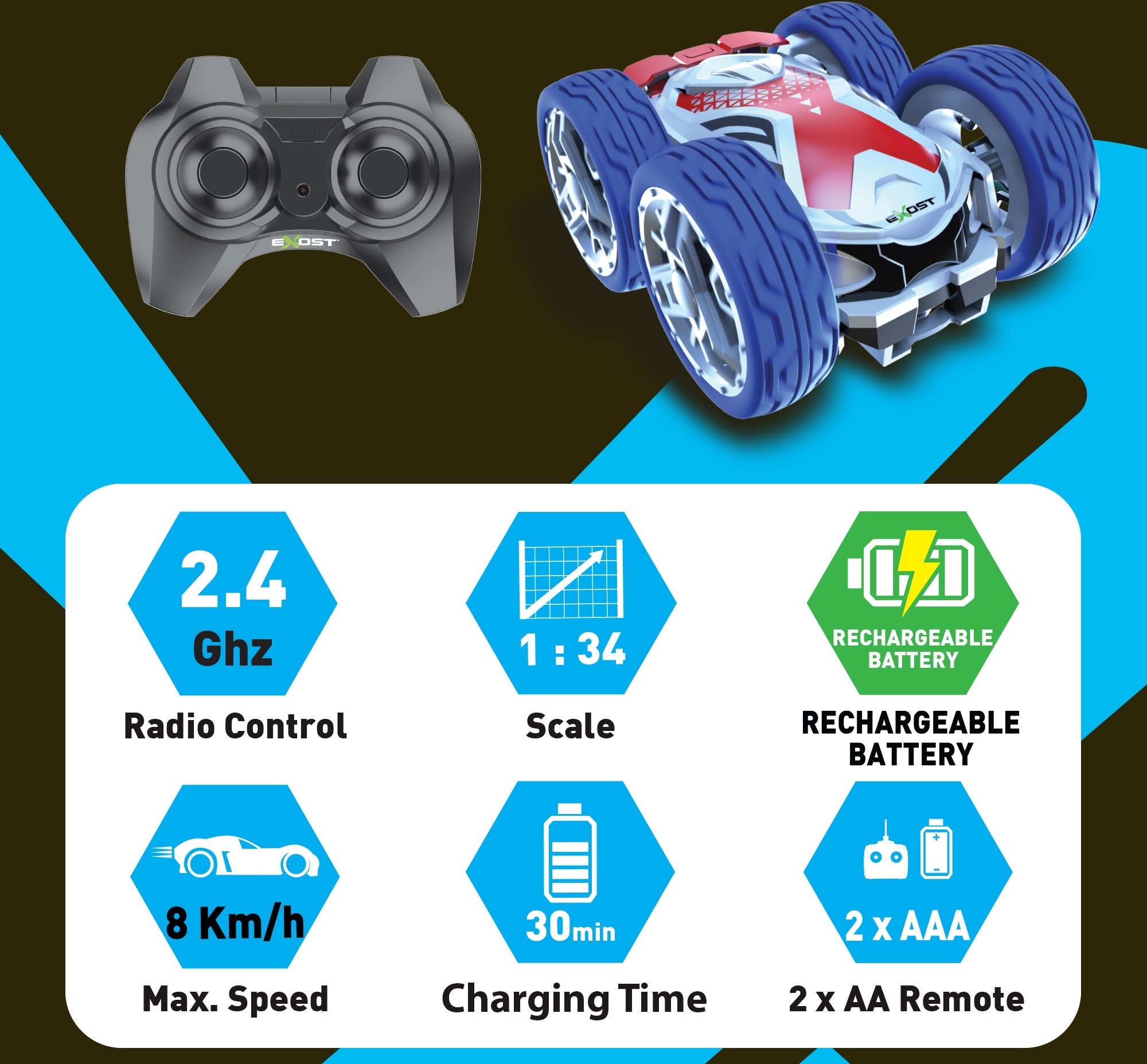 Exost Mini Flip Neo - kauko-ohjattava temppuauto, sininen