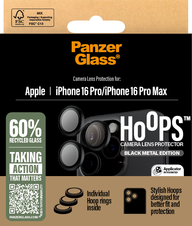 PanzerGlass Hoops -kameran linssinsuoja, iPhone 16 Pro / 16 Pro Max, musta