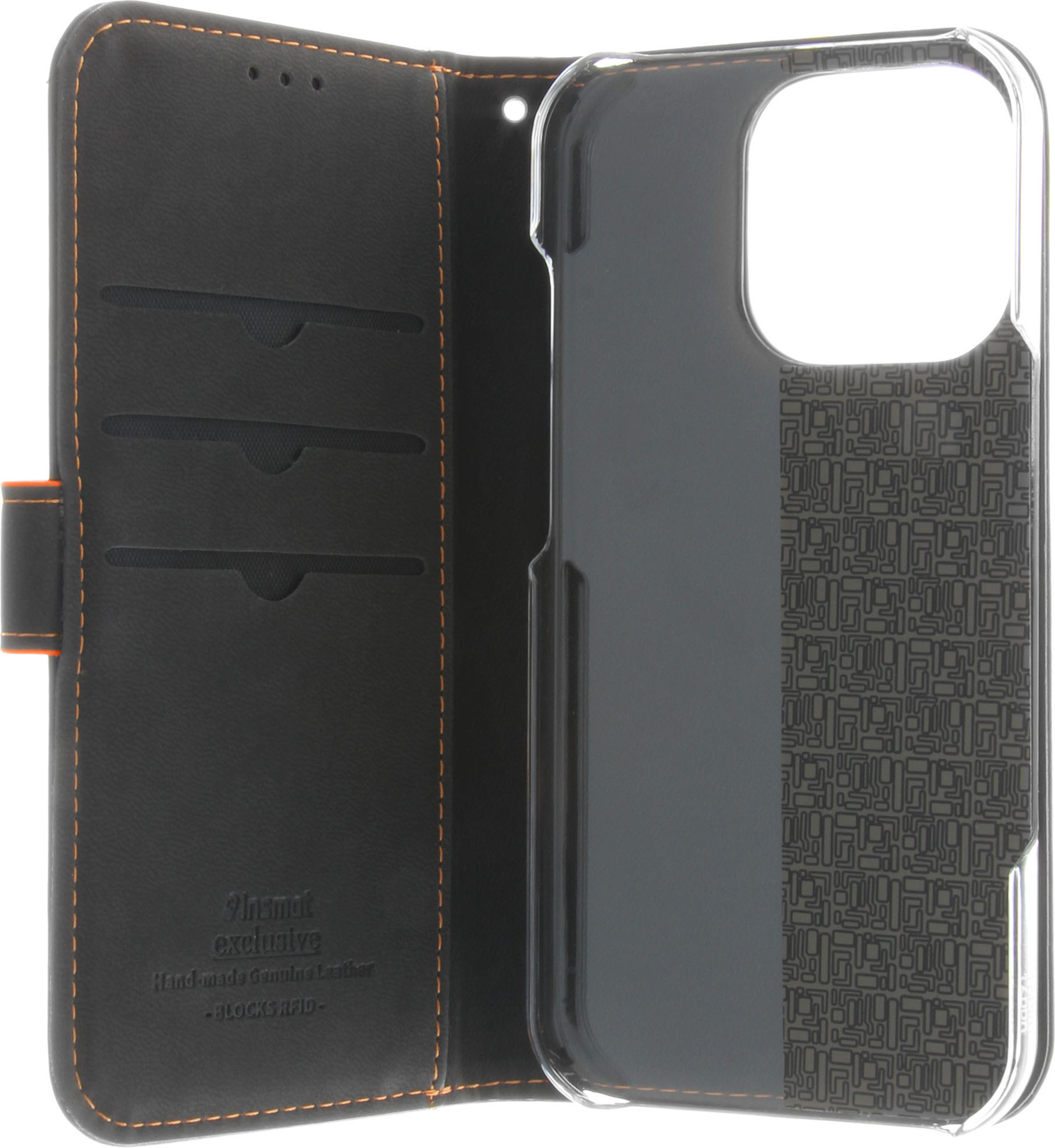 Insmat Exclusive Flip Case -lompakkokotelo, Apple iPhone 16 Pro, musta / oranssi