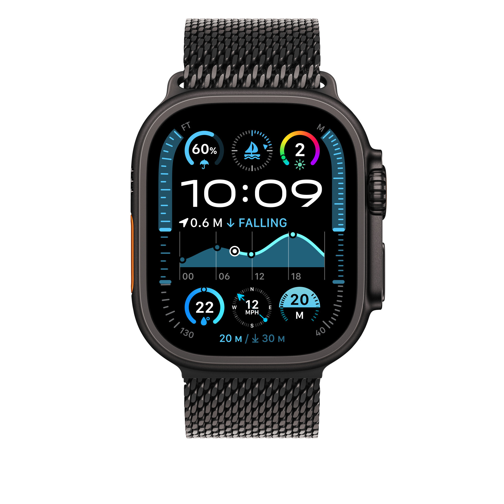 Apple Watch 49 mm mustatitaaninen milanolaisranneke, keskikokoinen
