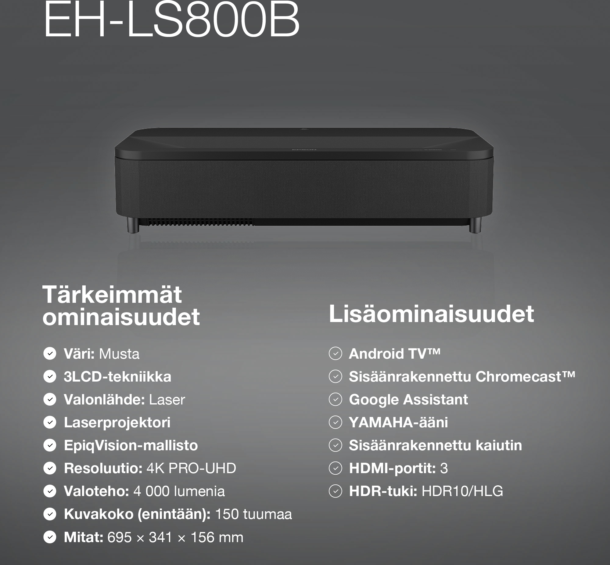 Epson EH-LS800B 4K PRO-UHD -älylaserprojektori, lähiheijastus, musta