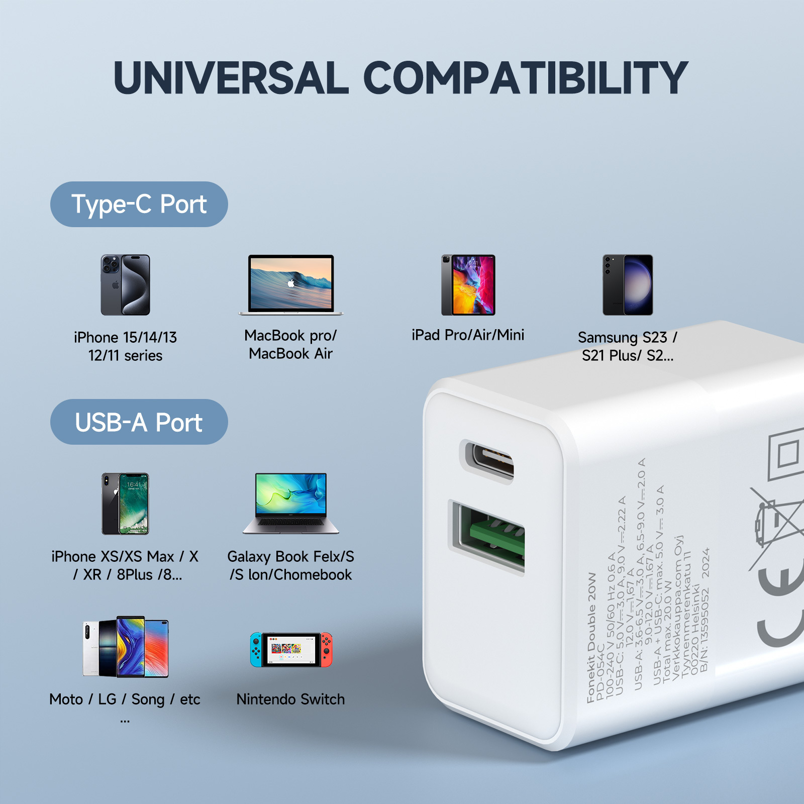 FoneKit Double 20W -laturi, USB-C + USB-A, valkoinen